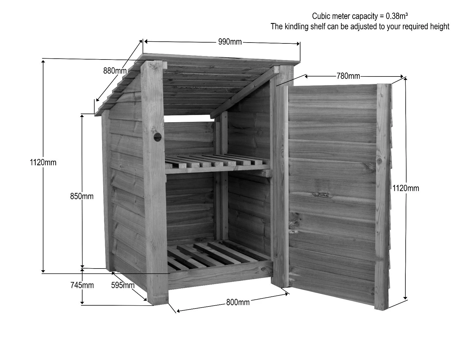 Wooden Garden Tool Storage with Shelf (Roof Sloping Back) W-99cm, H-126cm or 180cm, D-88cm - Brown Finish - Image 6