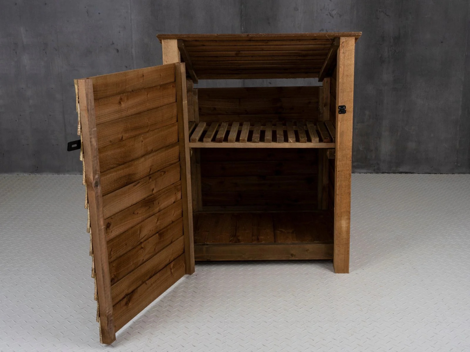 Wooden Garden Tool Storage with Shelf (Roof Sloping Back) W-99cm, H-126cm or 180cm, D-88cm - Brown Finish - Image 7