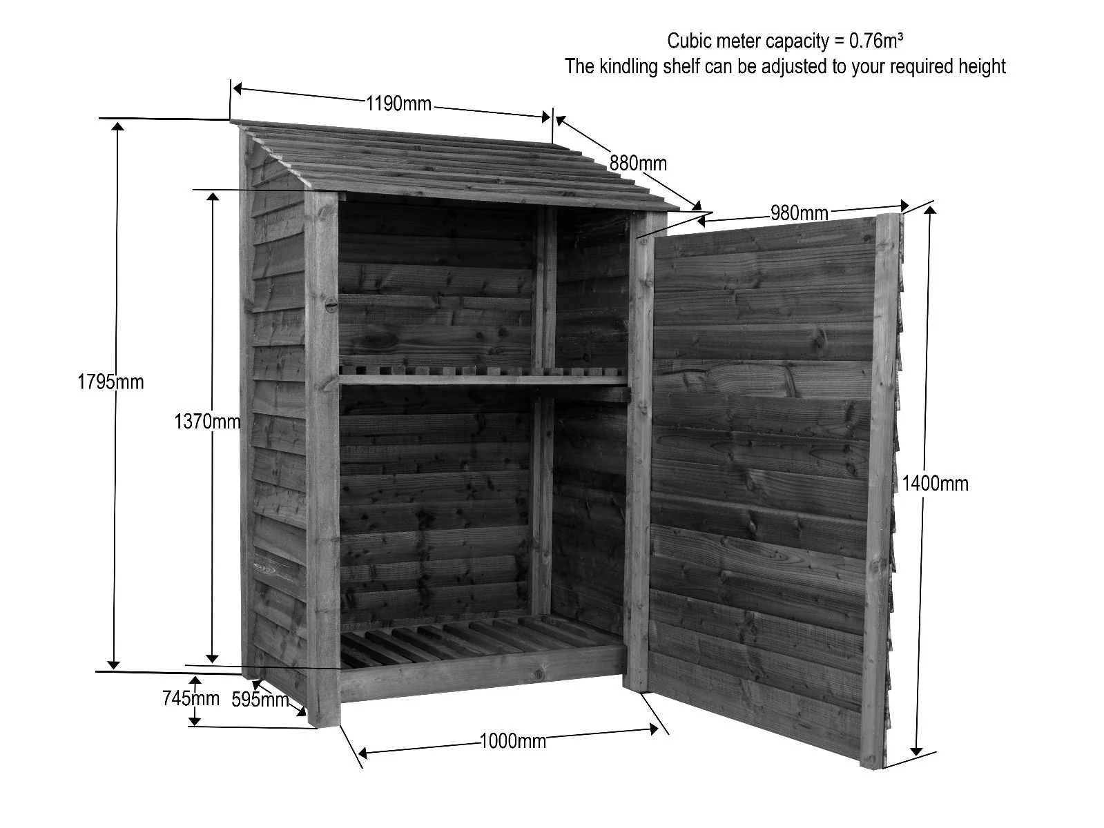 Wooden Garden Tool Storage with Shelf W-119cm, H-126cm or 180cm, D-88cm - Brown Finish - Image 3