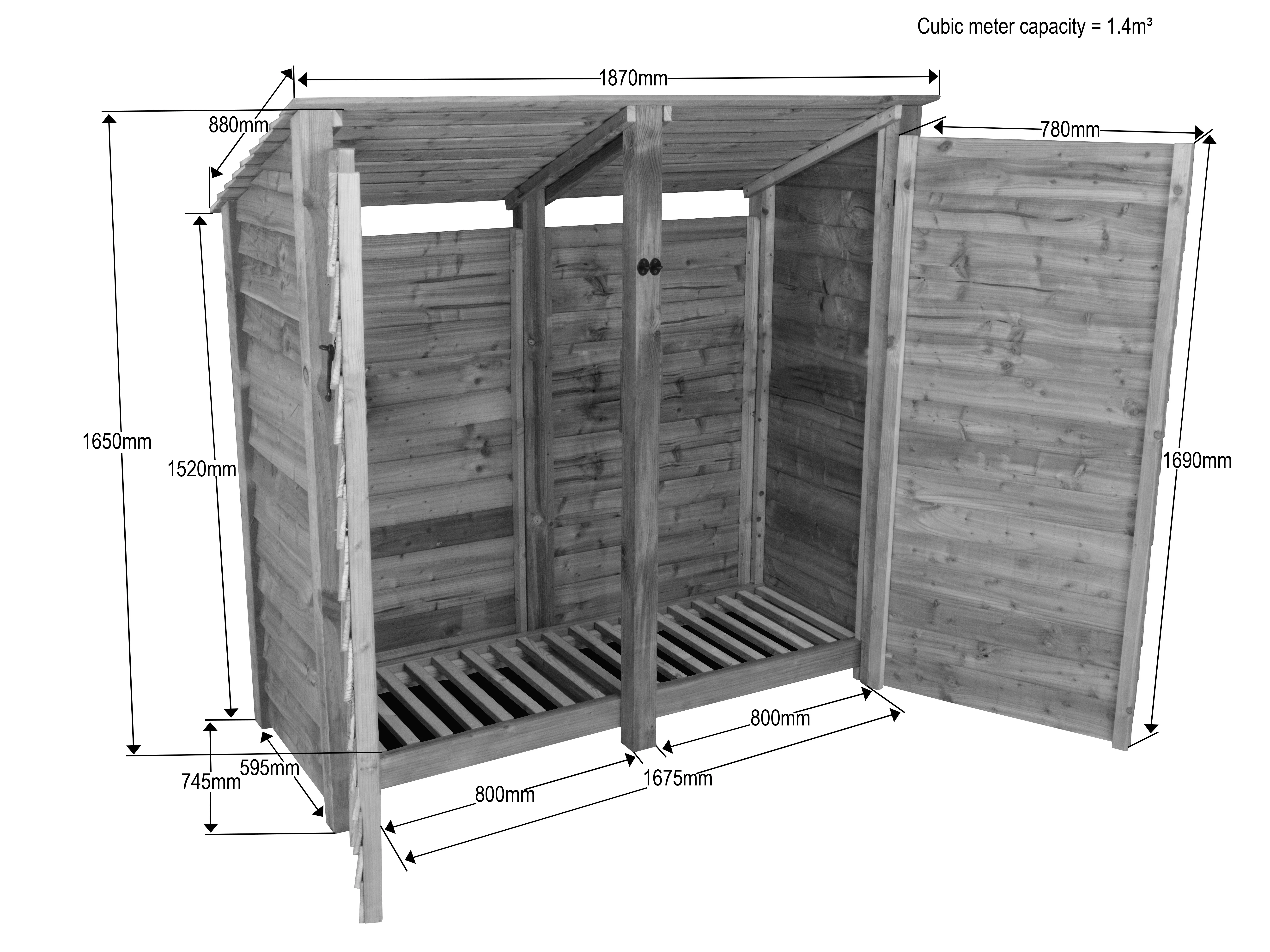 Wooden Log Store (Roof Sloping Back) with Doors W-187cm, H-126cm or 180cm, D-88cm - Image 5
