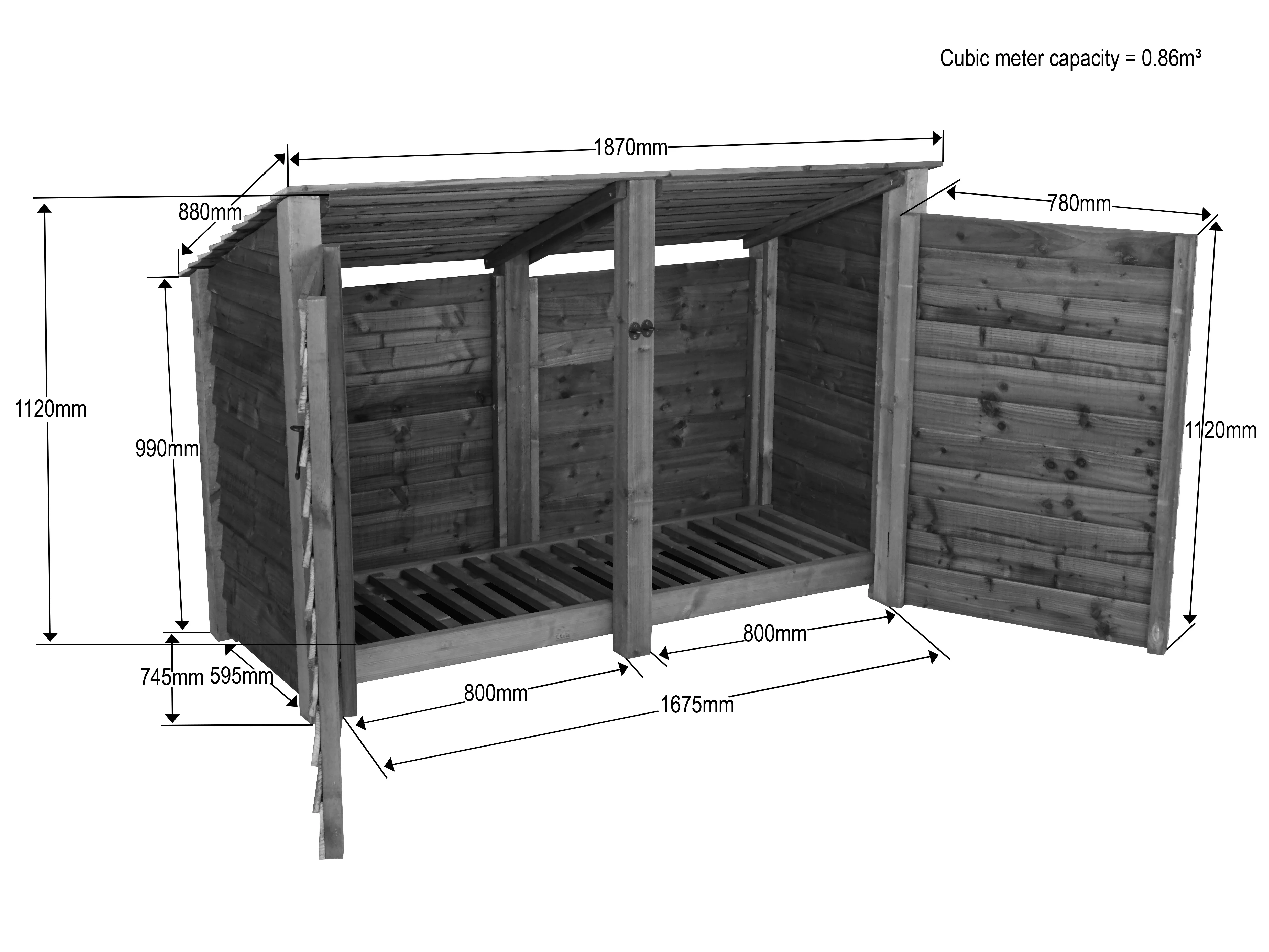 Wooden Log Store (Roof Sloping Back) with Doors W-187cm, H-126cm or 180cm, D-88cm - Image 6