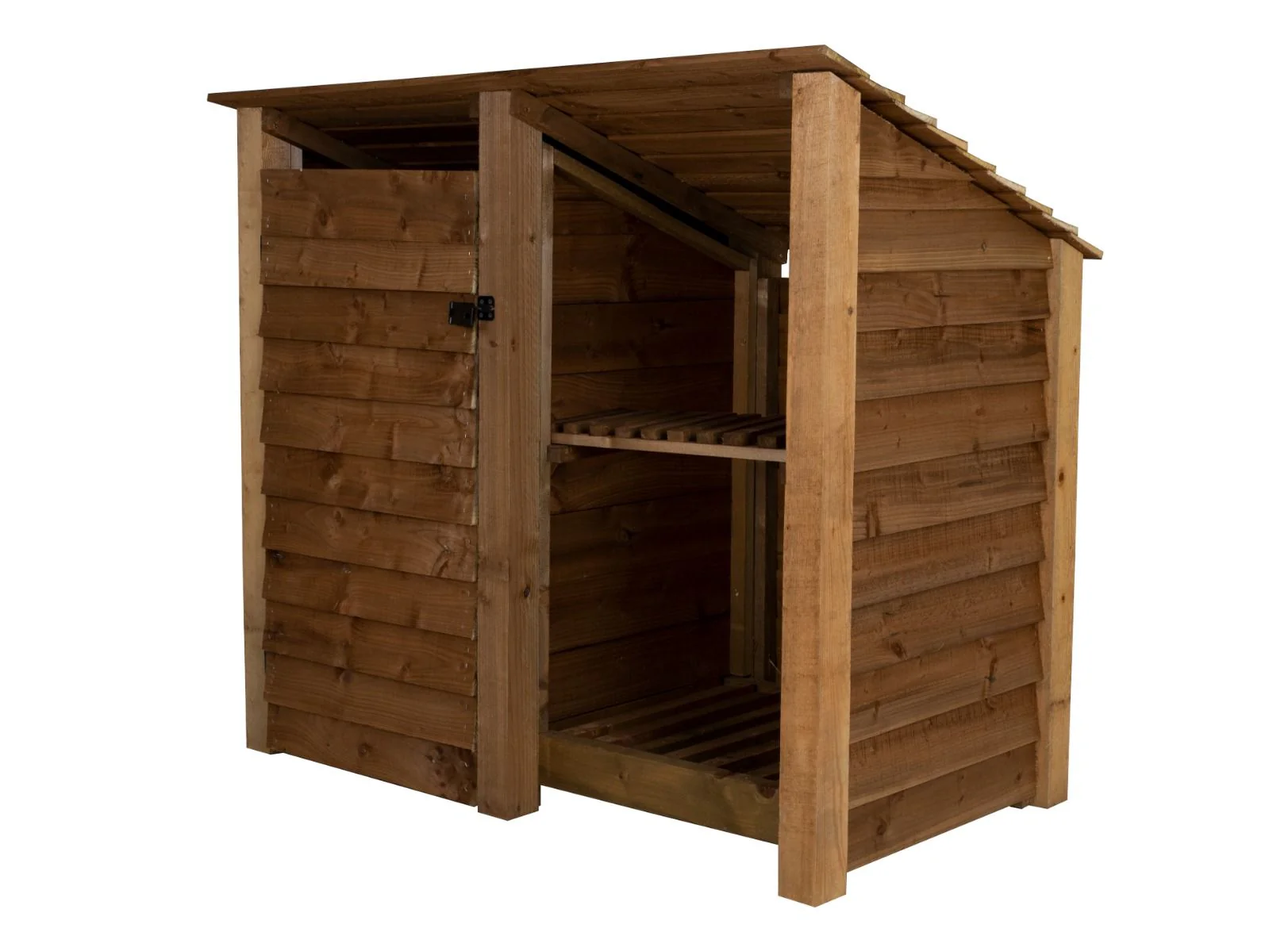 Wooden Garden Tool Storage (Roof Sloping Back) with Shelf W-146cm, H-126cm or 180cm, D-88cm - Brown Finish - Image 4