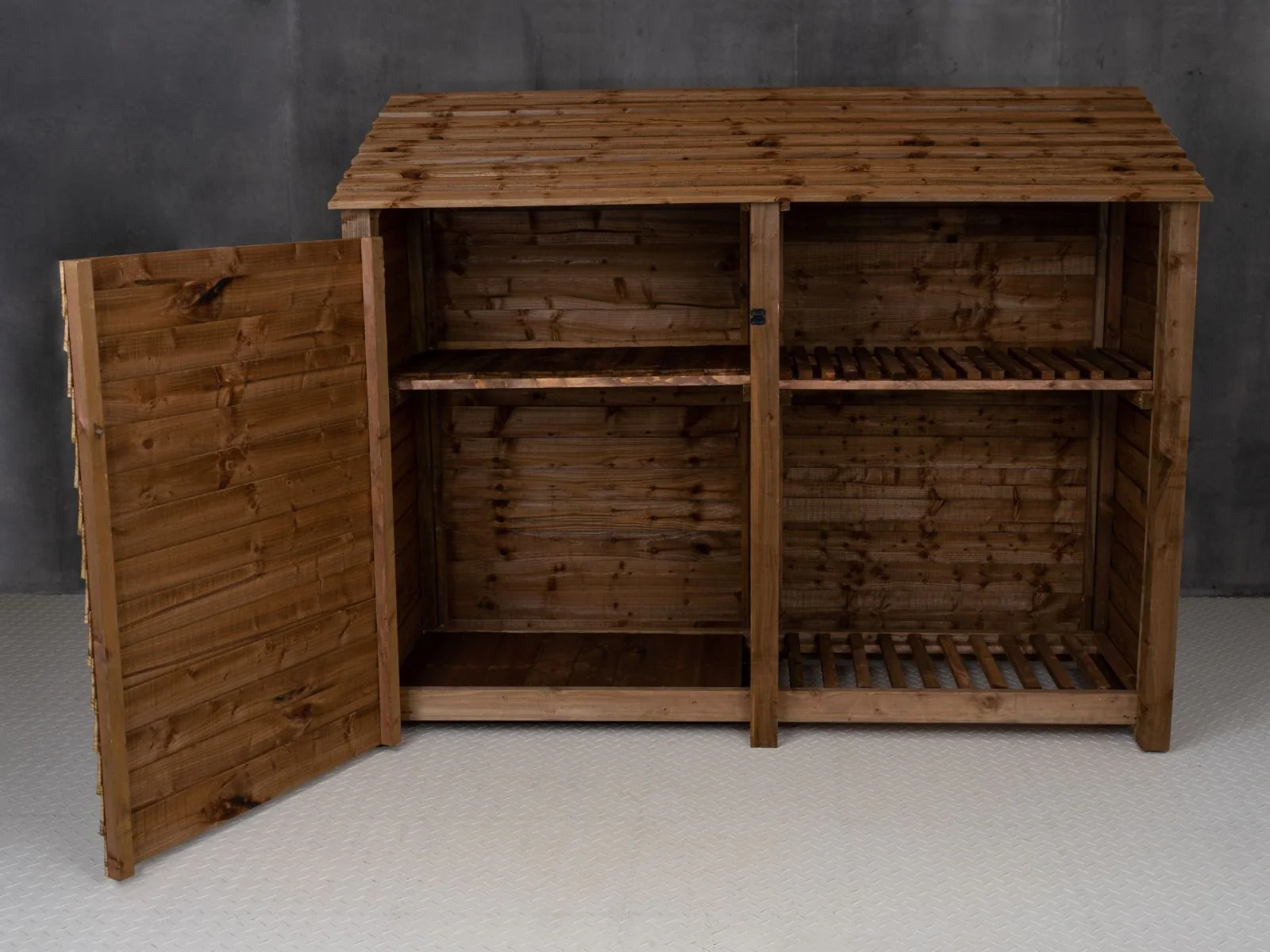 Wooden Garden Tool Storage with Shelf W-227cm, H-126cm or 180cm, D-88cm - Brown Finish - Image 4
