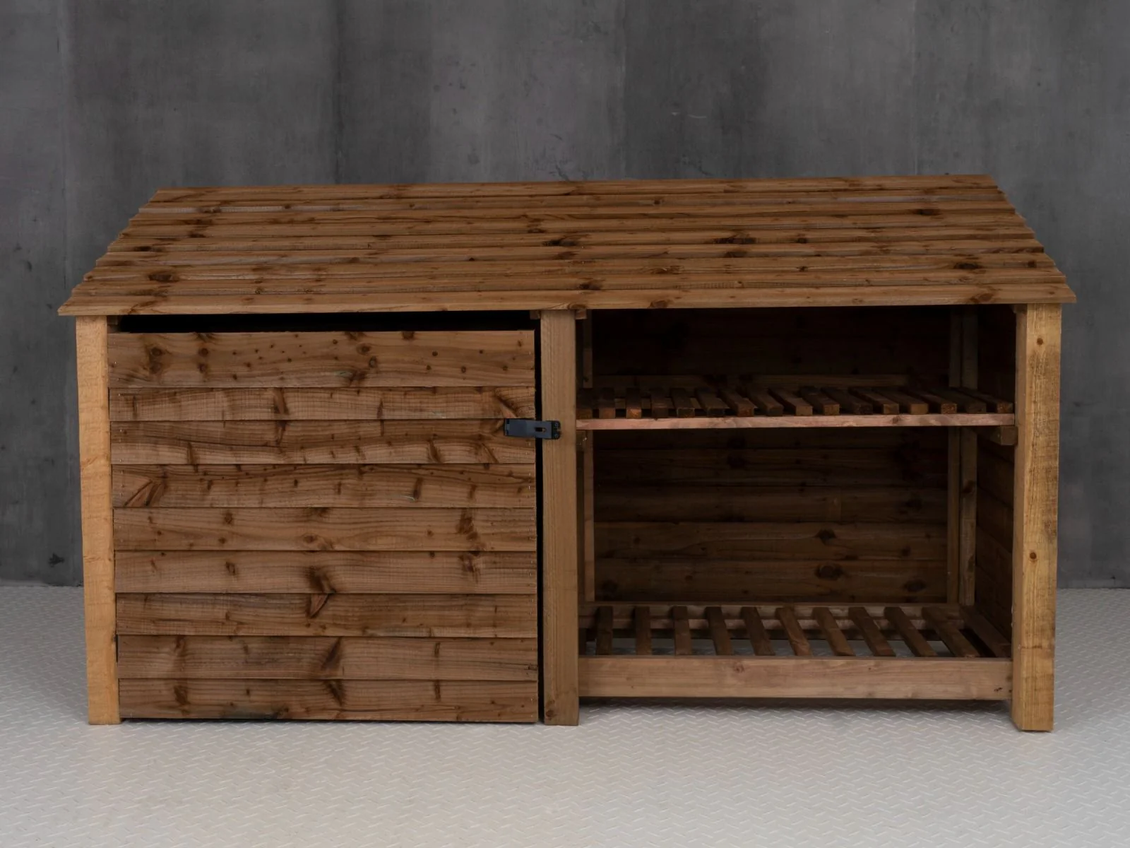 Wooden Garden Tool Storage with Shelf W-227cm, H-126cm or 180cm, D-88cm - Brown Finish - Image 6