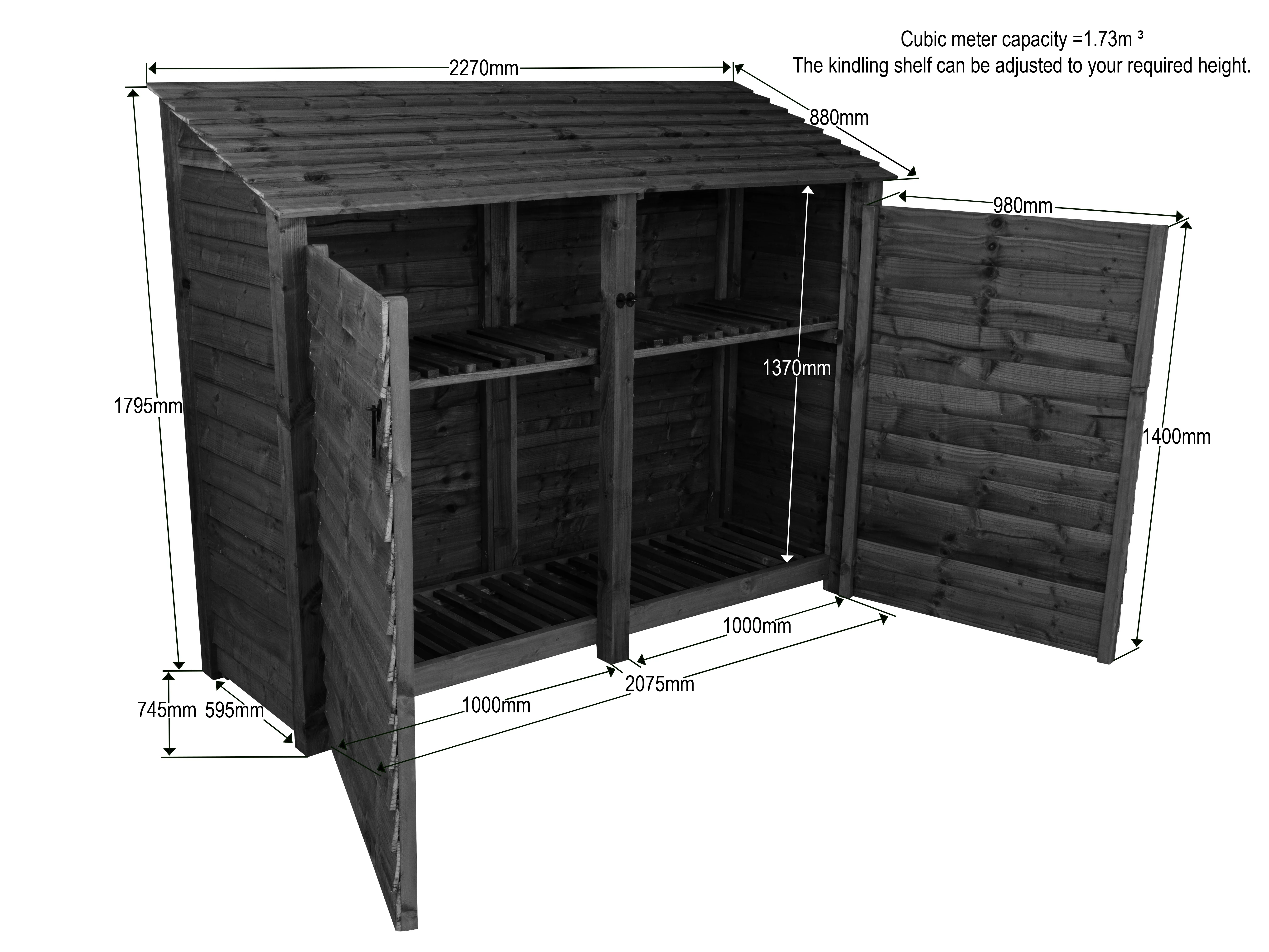 Wooden Garden Tool Storage with Shelf W-227cm, H-126cm or 180cm, D-88cm - Brown Finish - Image 9
