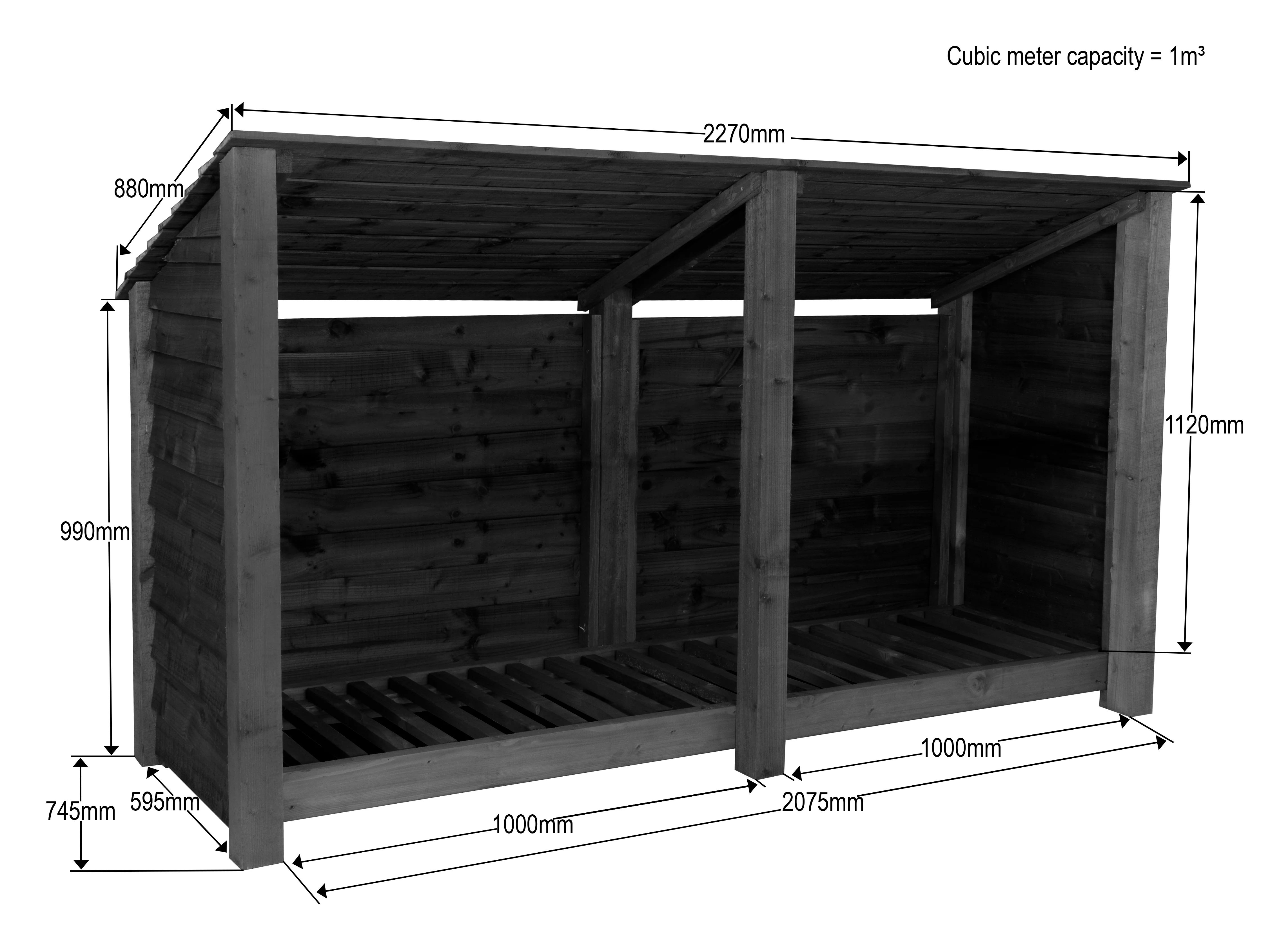 Wooden Log Store (Roof Sloping Back) W-227cm, H-126cm or 180cm, D-88cm - Brown Finish - Image 5