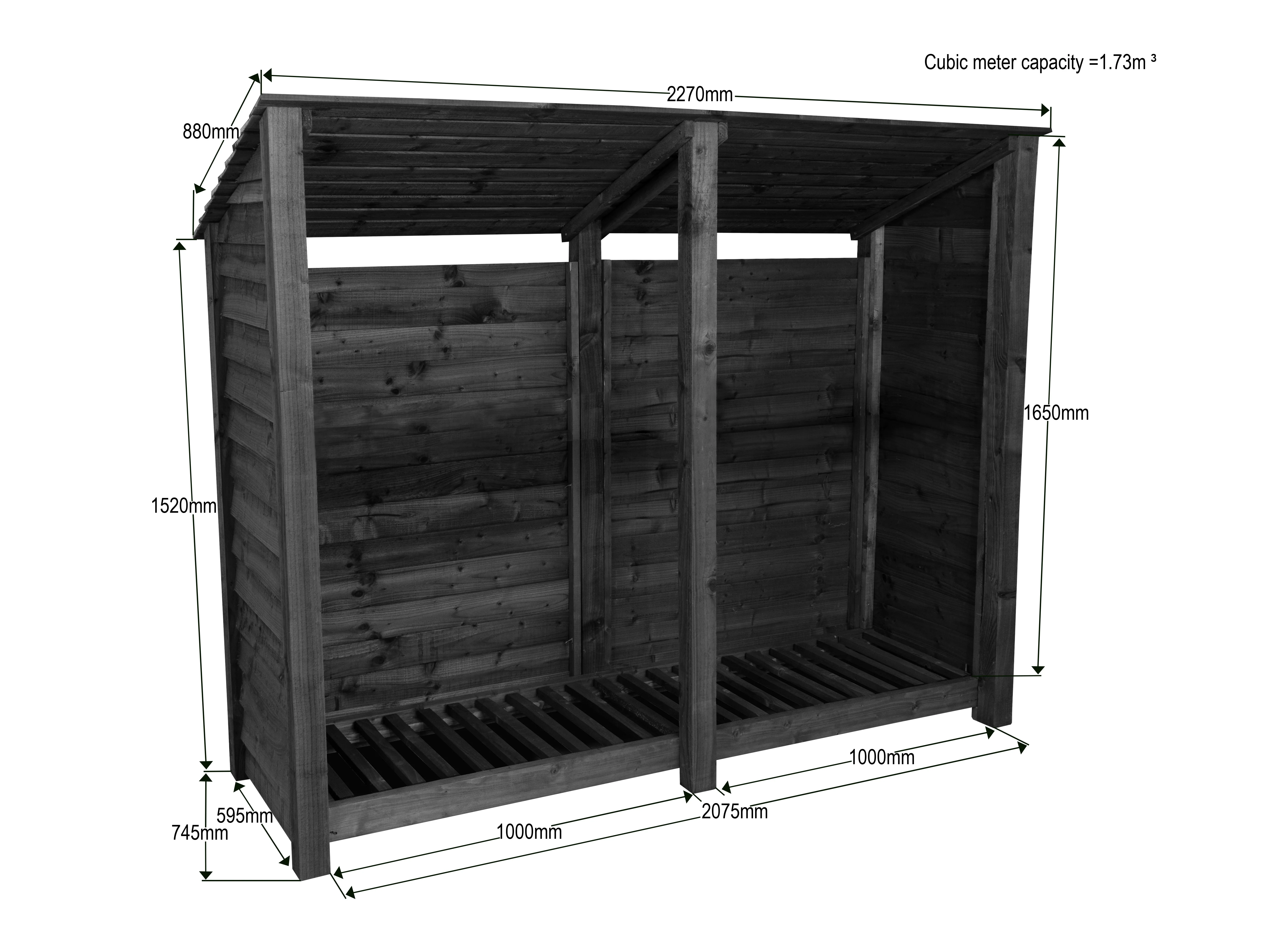 Wooden Log Store (Roof Sloping Back) W-227cm, H-126cm or 180cm, D-88cm - Brown Finish - Image 6