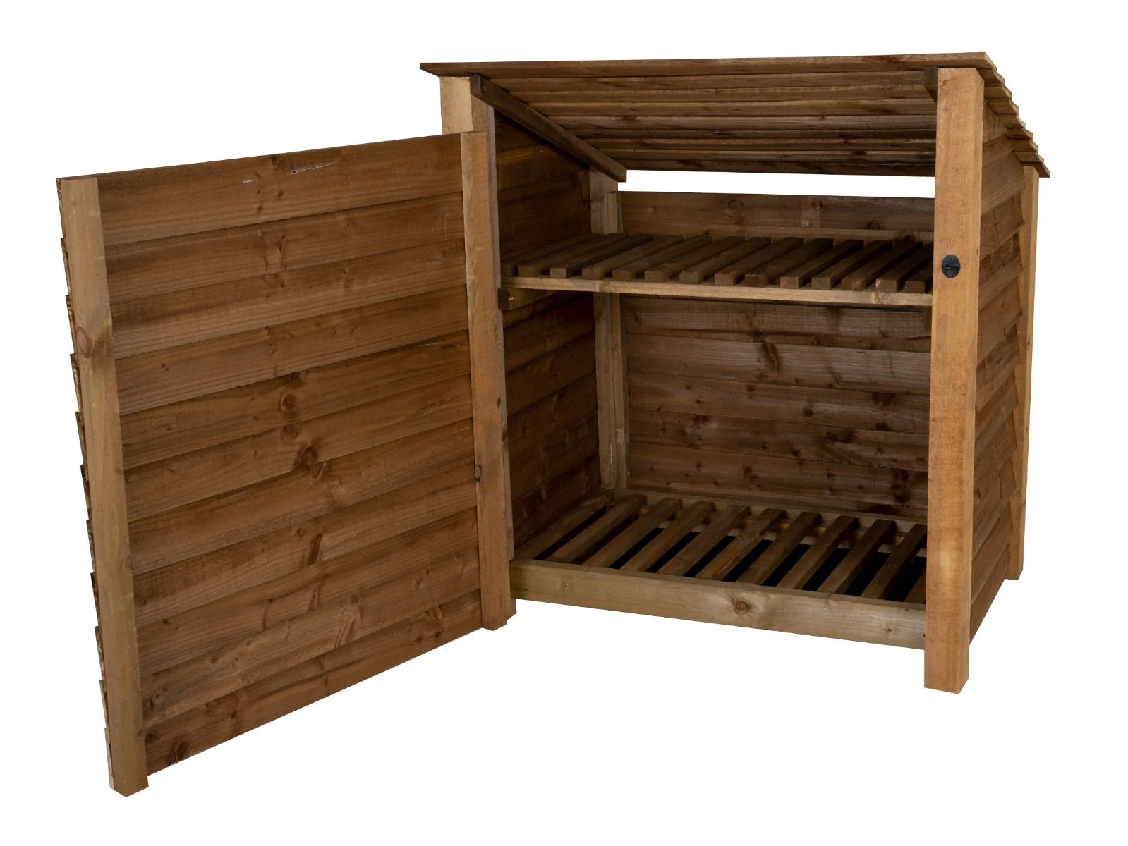 Wooden Log Store (Roof Sloping Back) with Door and Shelf W-119cm, H-126cm or 180cm, D-88cm - Brown Finish - Image 5