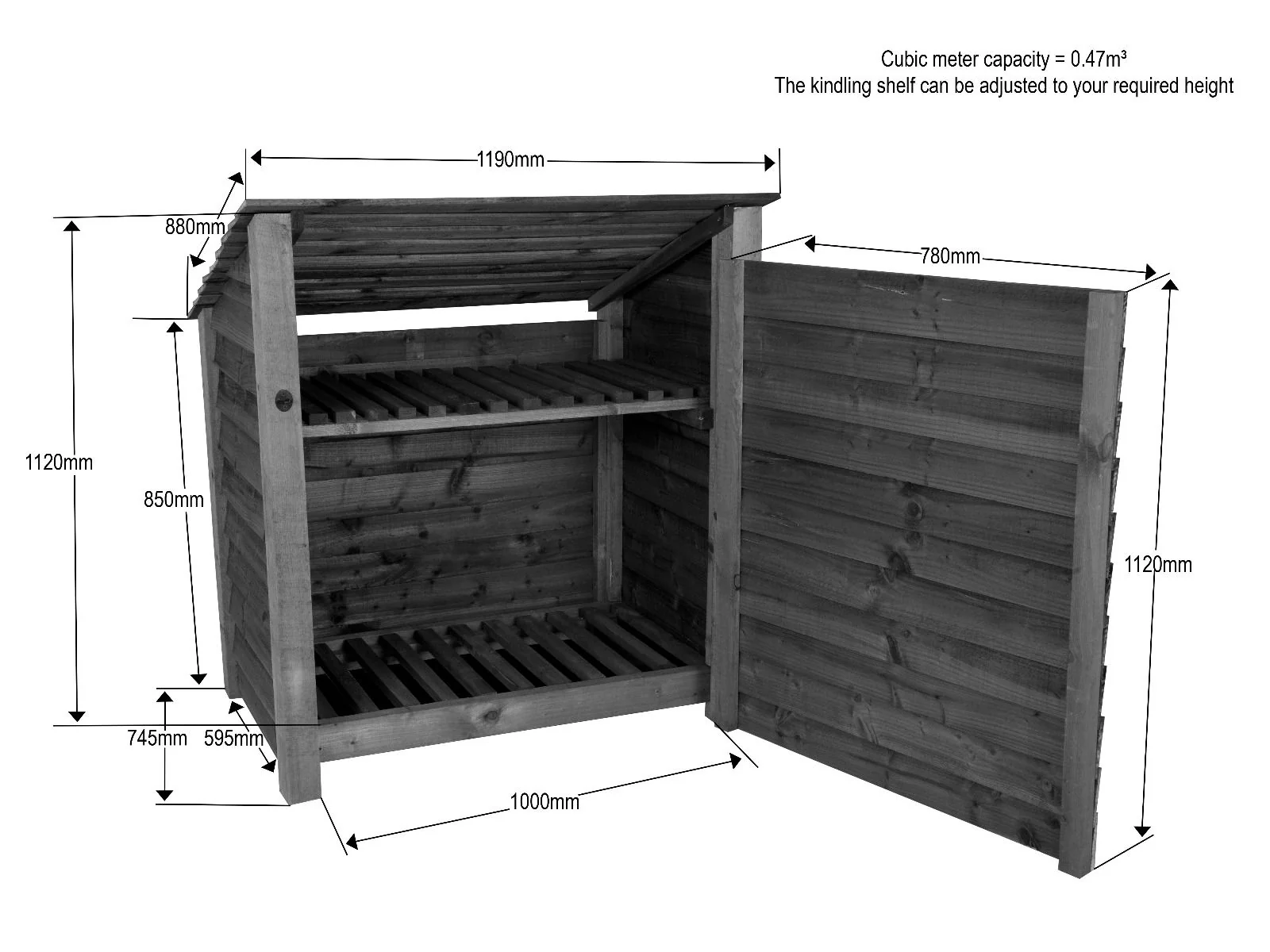 Wooden Log Store (Roof Sloping Back) with Door and Shelf W-119cm, H-126cm or 180cm, D-88cm - Brown Finish - Image 6