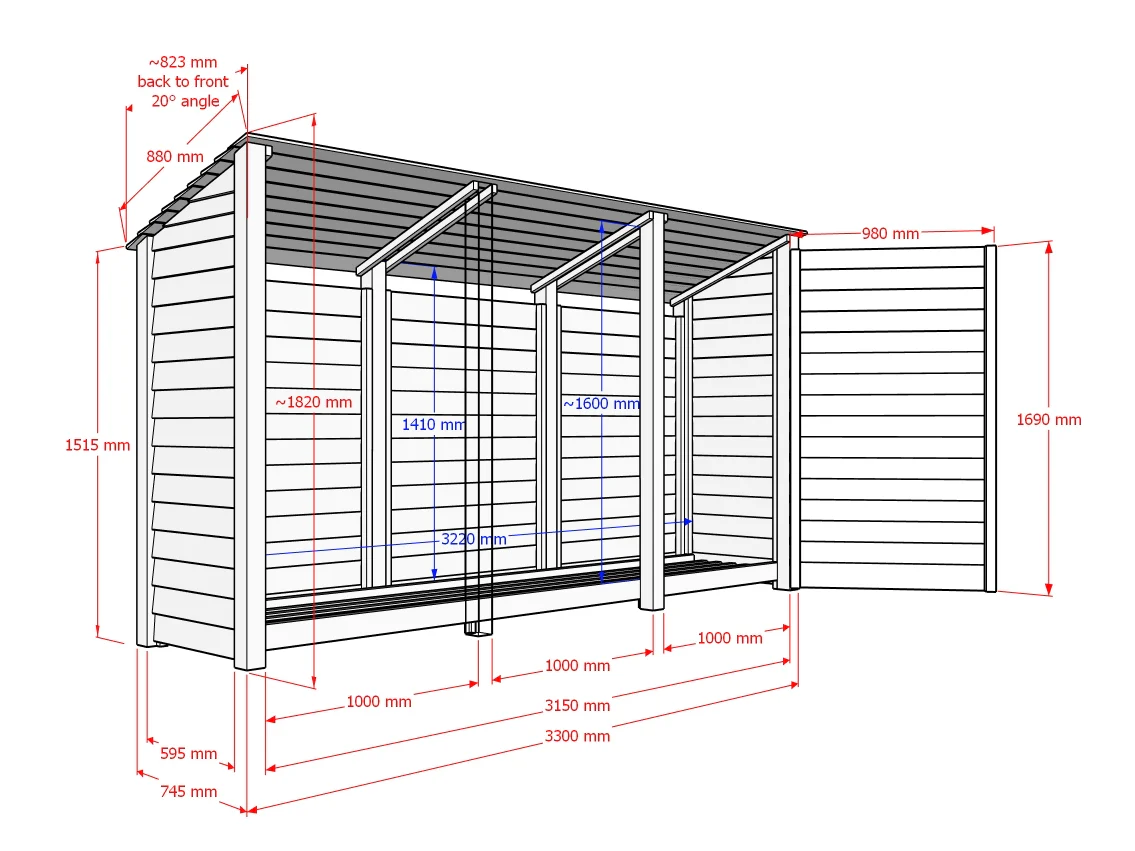 Wooden Log Store (Roof Sloping Back) with Doors and Shelf W-335cm, H-126cm or 180cm, D-88cm - Brown Finish - Image 10