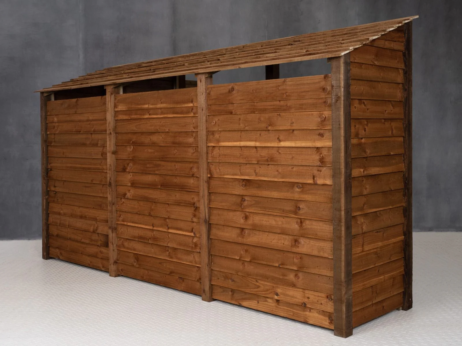 Wooden Log Store (Roof Sloping Back) with Doors and Shelf W-335cm, H-126cm or 180cm, D-88cm - Brown Finish - Image 3