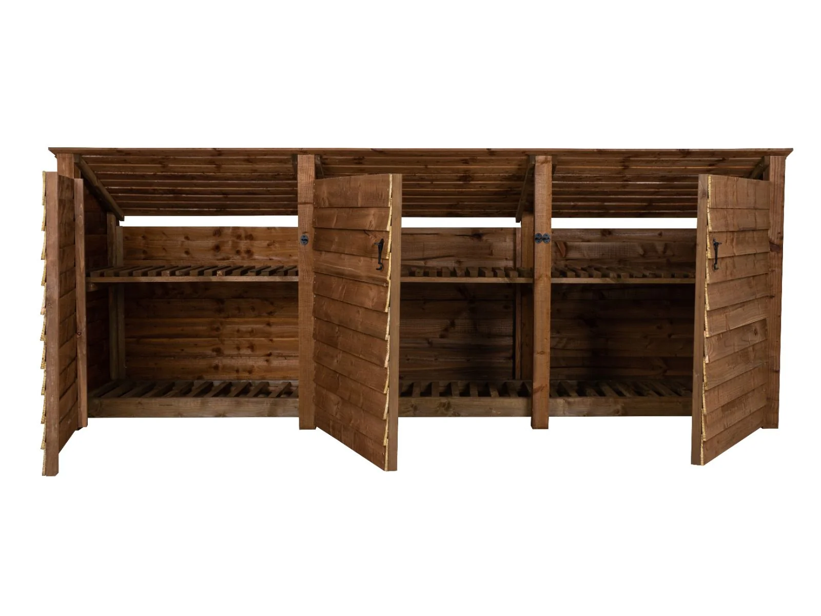 Wooden Log Store (Roof Sloping Back) with Doors and Shelf W-335cm, H-126cm or 180cm, D-88cm - Brown Finish - Image 5