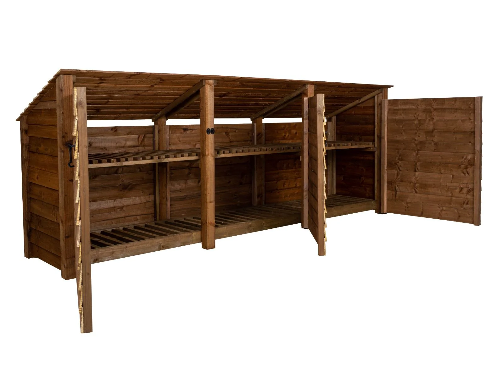 Wooden Log Store (Roof Sloping Back) with Doors and Shelf W-335cm, H-126cm or 180cm, D-88cm - Brown Finish - Image 6
