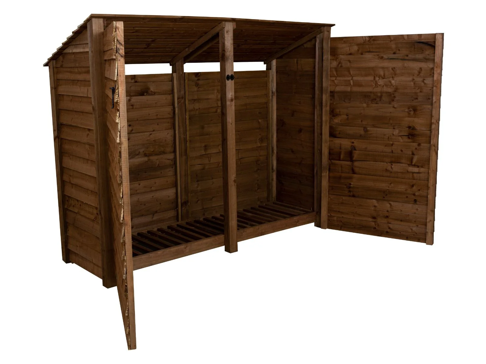 Wooden Log Store (Roof Sloping Back) with Doors W-227cm, H-126cm or 180cm, D-88cm - Brown Finish