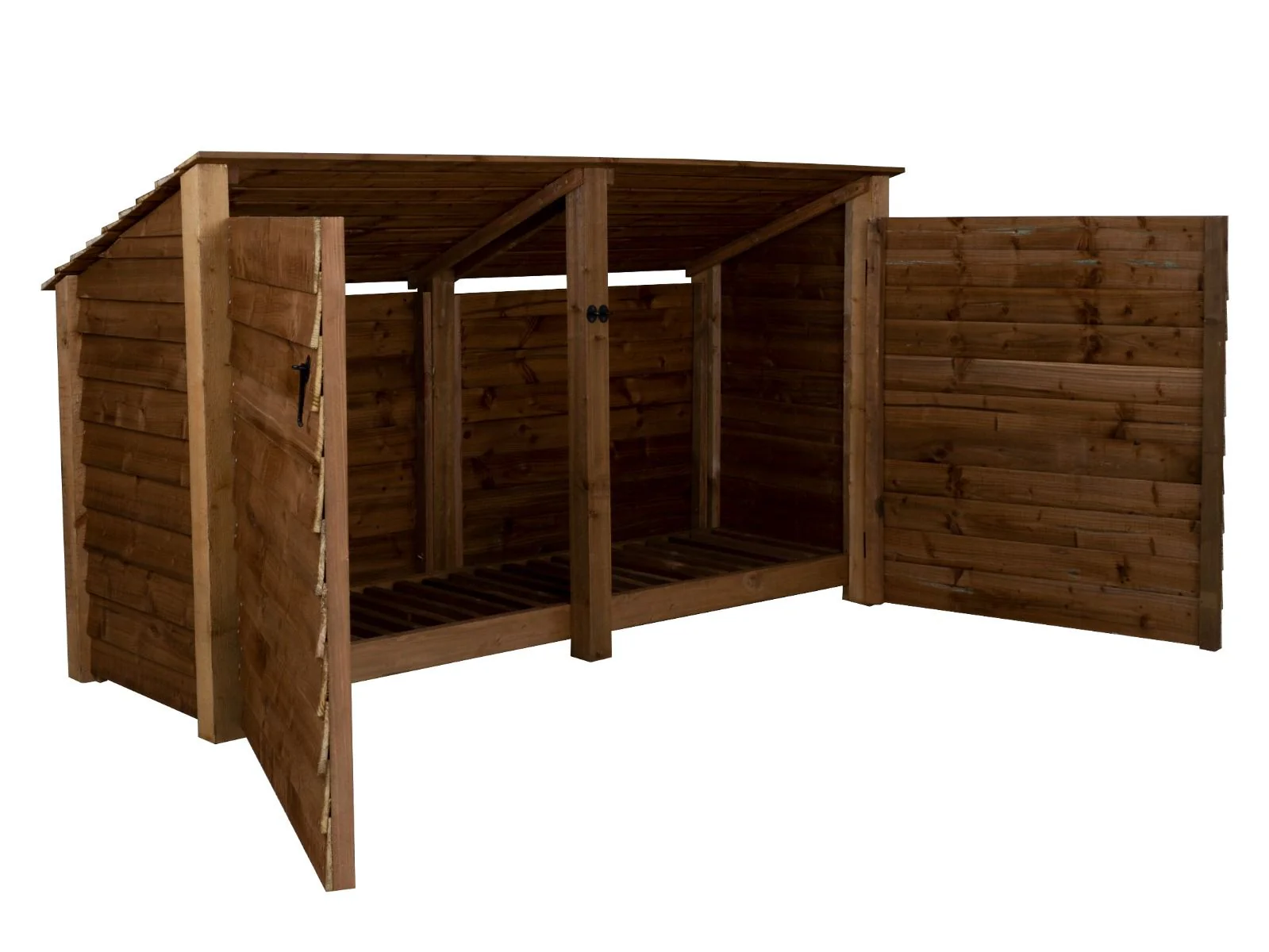 Wooden Log Store (Roof Sloping Back) with Doors W-227cm, H-126cm or 180cm, D-88cm - Brown Finish - Image 4