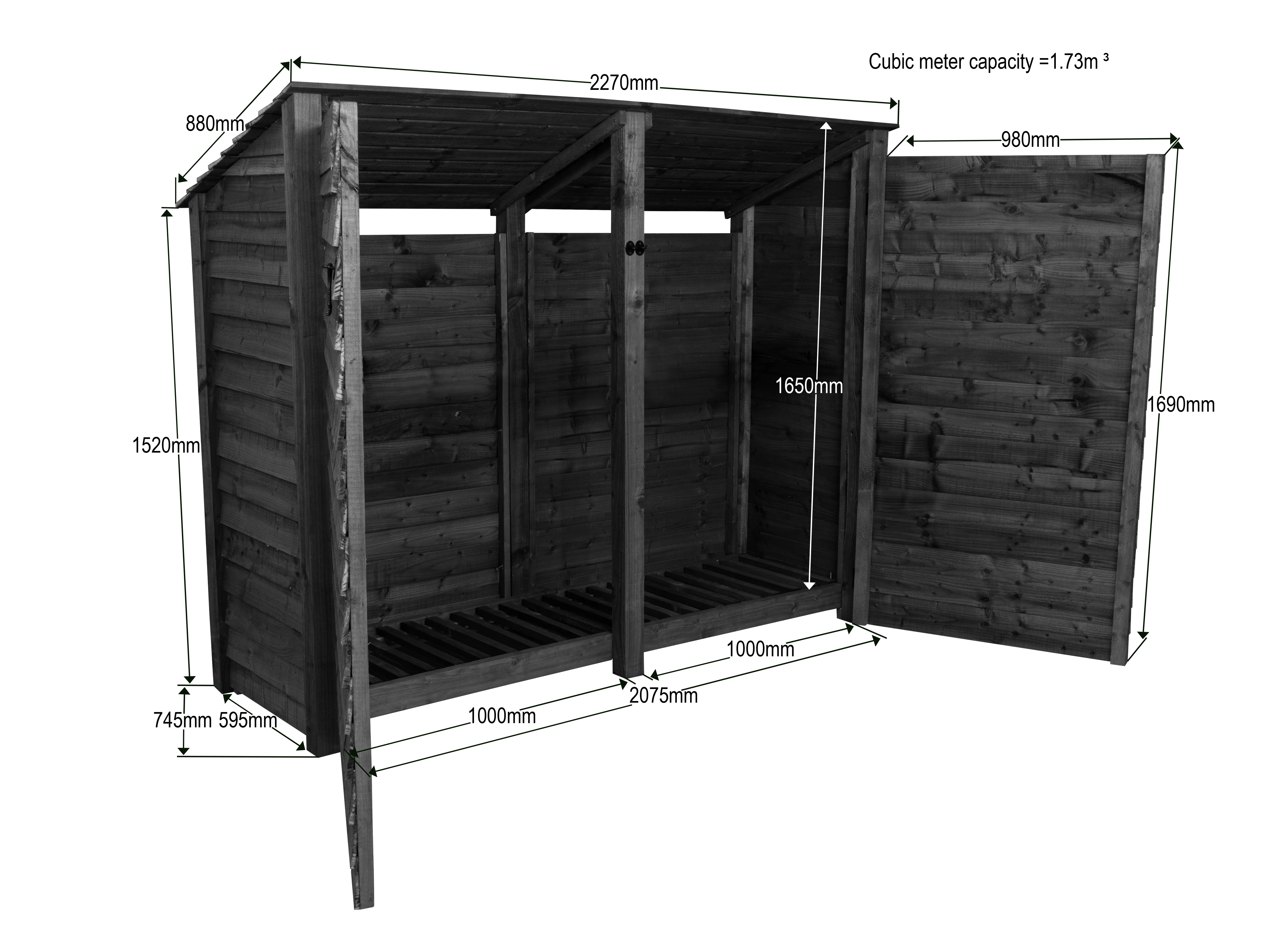 Wooden Log Store (Roof Sloping Back) with Doors W-227cm, H-126cm or 180cm, D-88cm - Brown Finish - Image 9