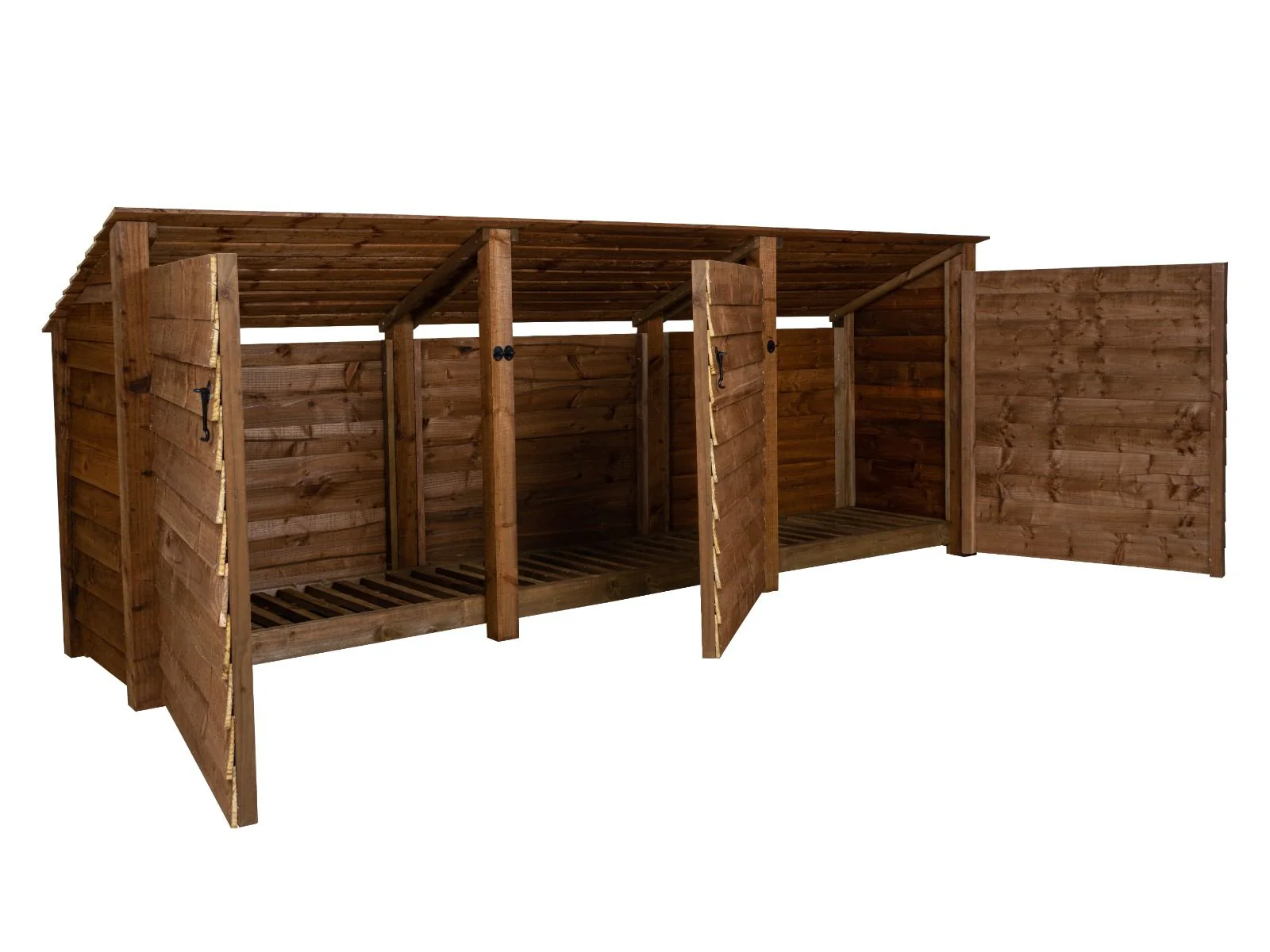 Wooden Log Store (Roof Sloping Back) with Doors W-335cm, H-126cm or 180cm, D-88cm - Brown Finish - Image 6