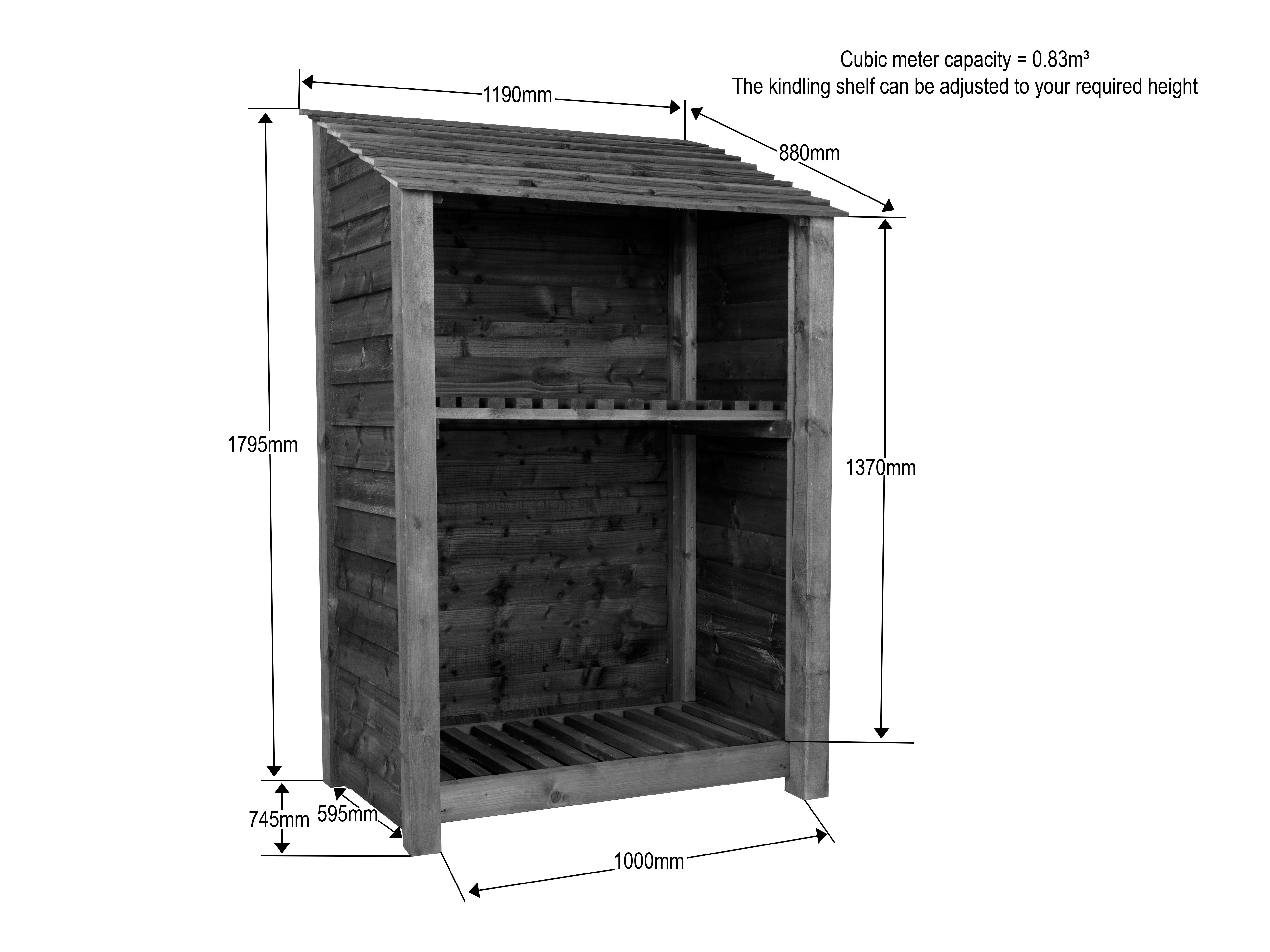 Wooden Log Store (Roof Sloping Back) with Shelf W-119cm, H-126cm or 180cm, D-88cm - Brown Finish - Image 4