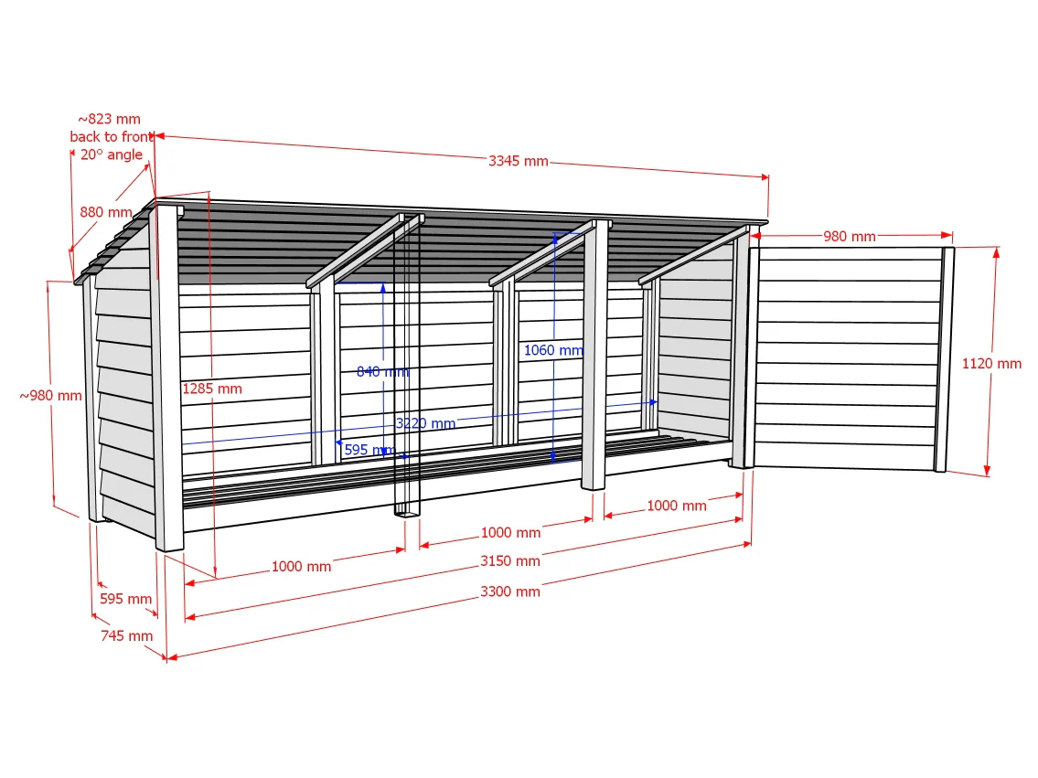 Wooden Log Store (Roof Sloping Back) with Shelf W-335cm, H-126cm or 180cm, D-88cm - Image 8