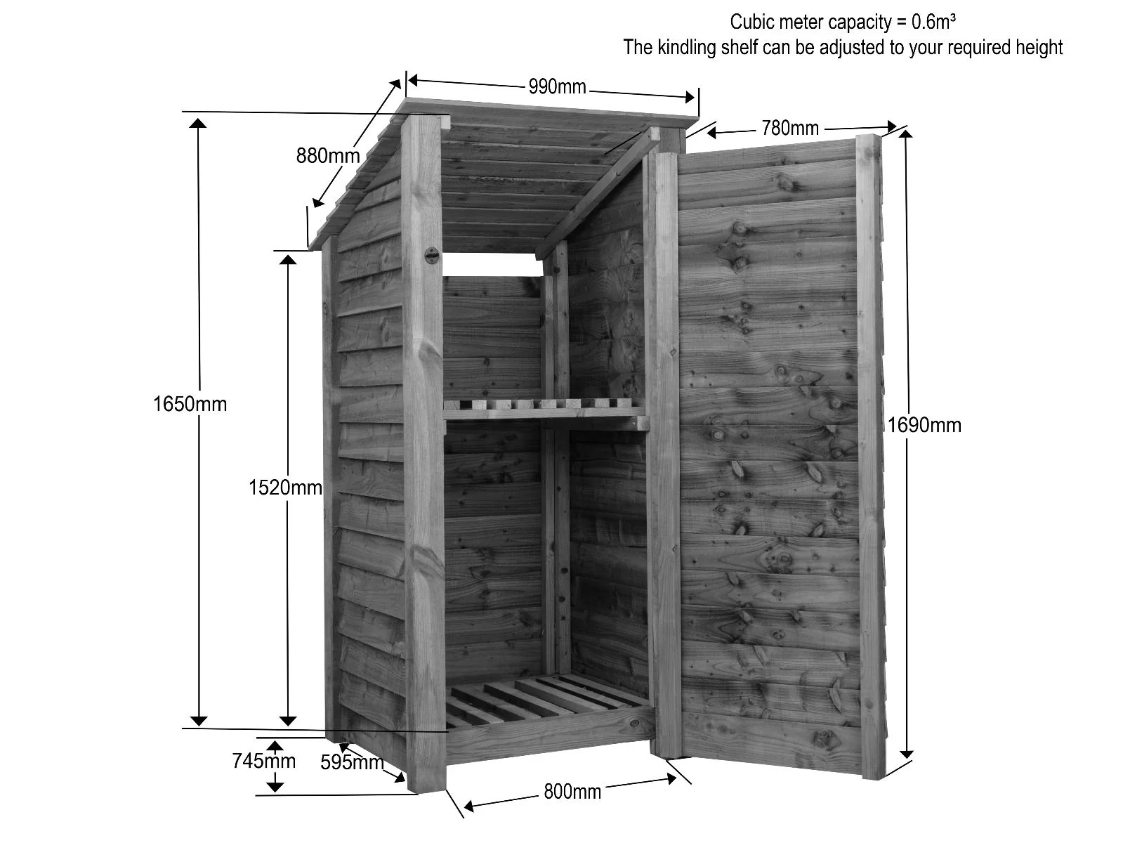 Wooden Log Store with Door and Shelf (Roof Sloping Back) W-99cm, H-126cm Or 180cm, D-88cm - Brown Finish - Image 5