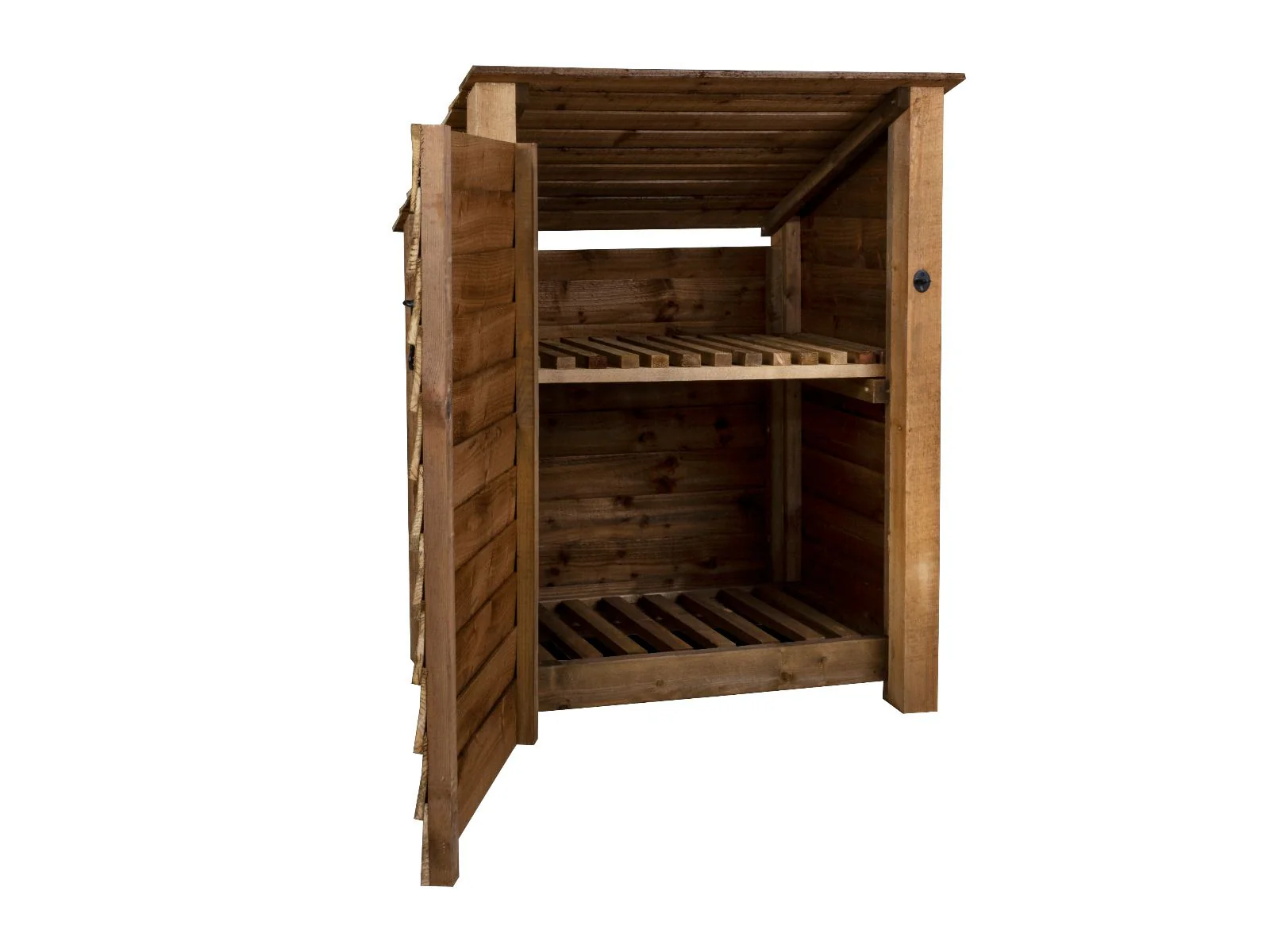 Wooden Log Store with Door and Shelf (Roof Sloping Back) W-99cm, H-126cm Or 180cm, D-88cm - Brown Finish - Image 6
