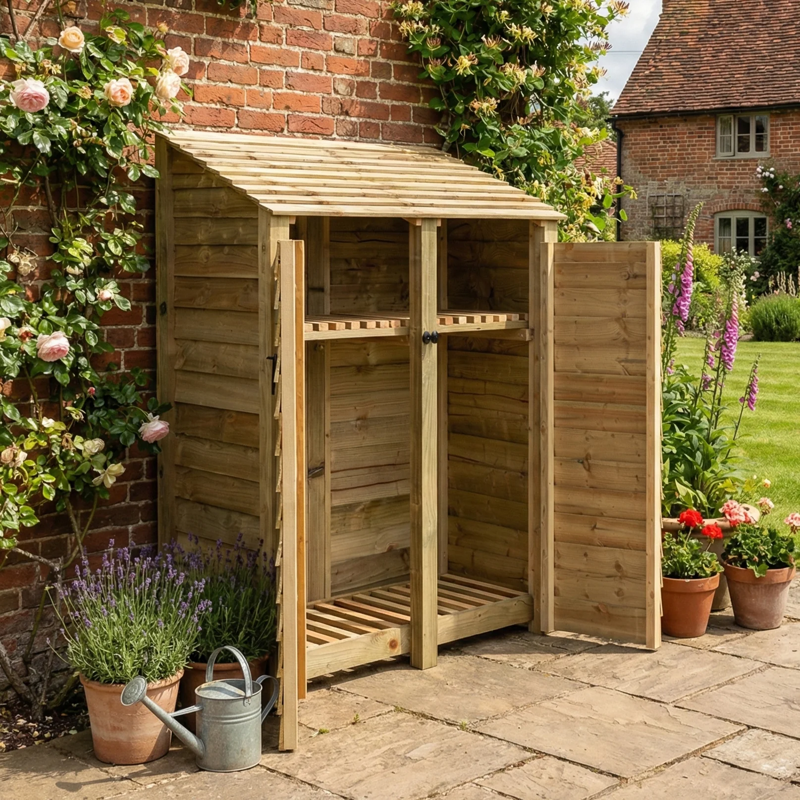 Wooden Log Store with Door and Shelf W-146cm, H-126cm or 180cm, D-88cm - Image 3
