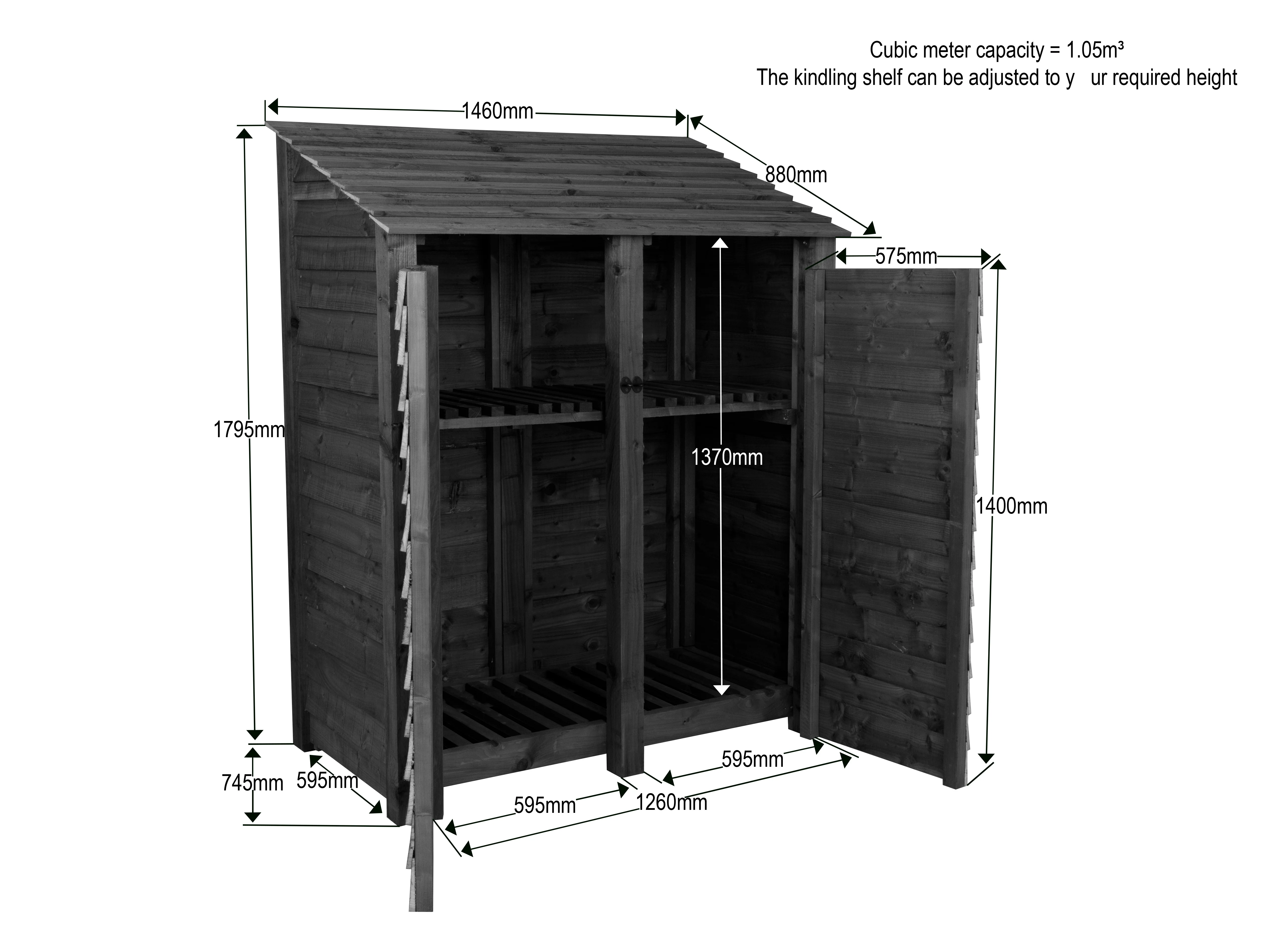 Wooden Log Store with Door and Shelf W-146cm, H-126cm or 180cm, D-88cm - Image 8