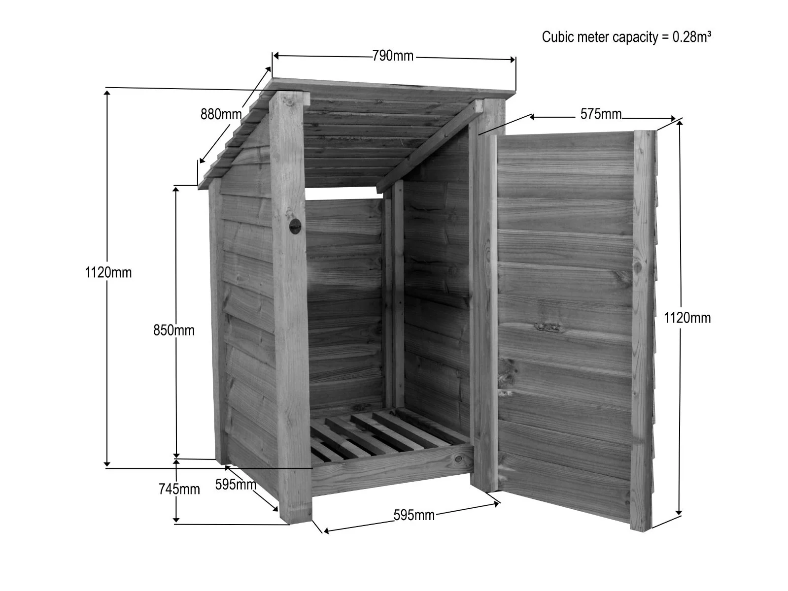 Wooden Log Store with Door (Roof Sloping Back) W-79cm, H-126cm or 180cm, D-88cm - Brown Finish - Image 3