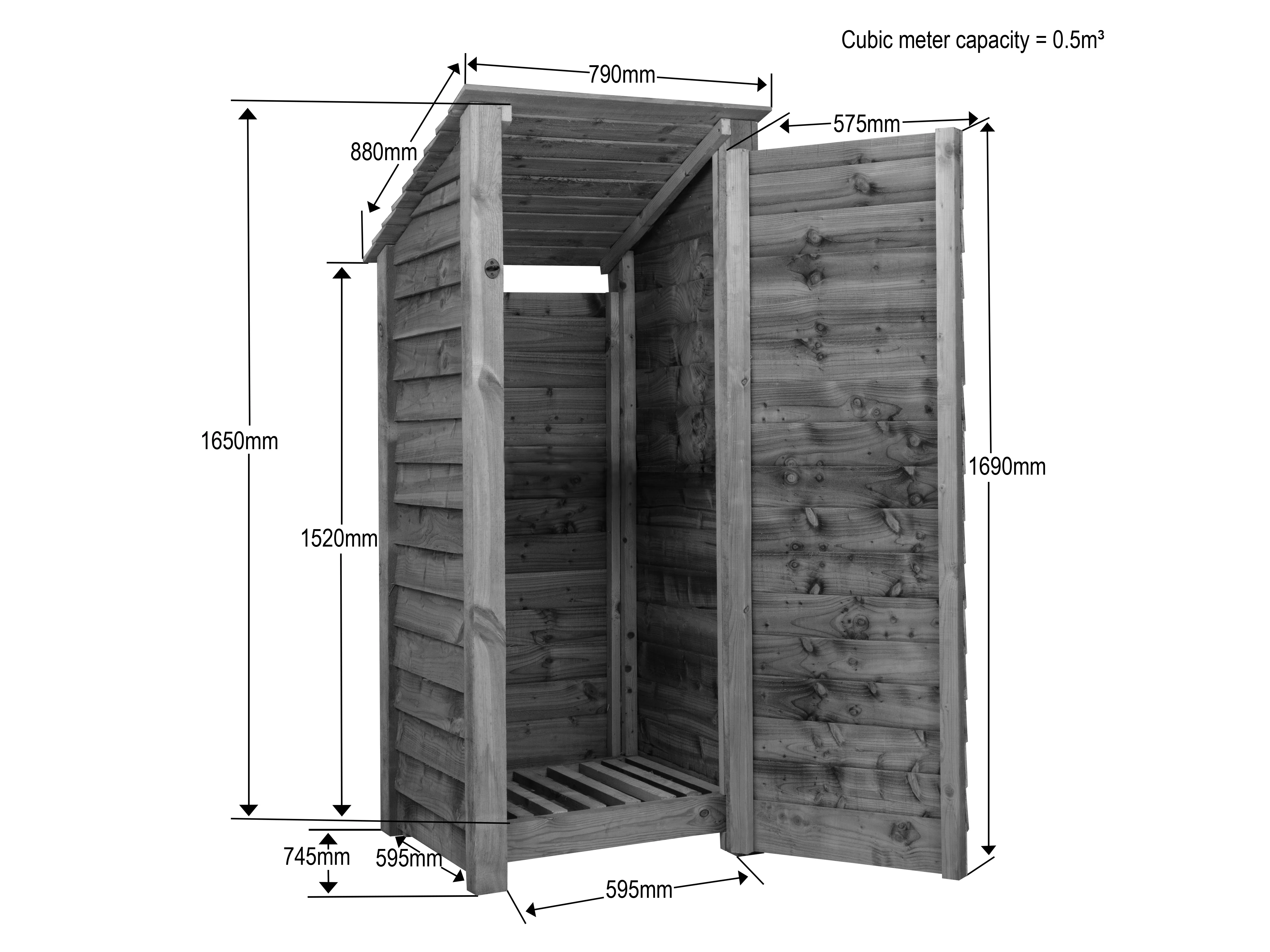 Wooden Log Store with Door (Roof Sloping Back) W-79cm, H-126cm or 180cm, D-88cm - Brown Finish - Image 4