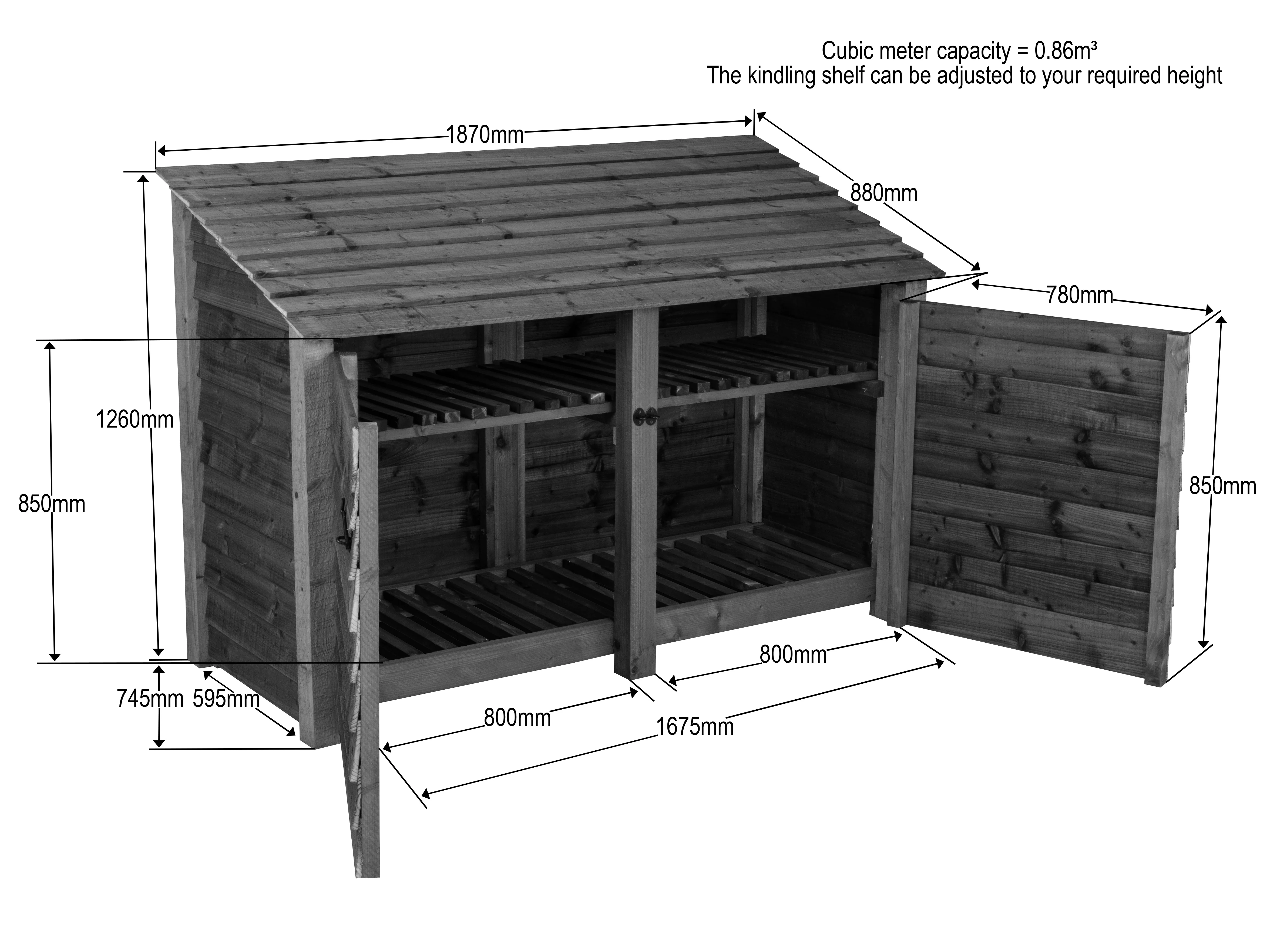 Wooden Log Store with Doors and Shelf W-187cm, H-126cm or 180cm, D-88cm - Image 9