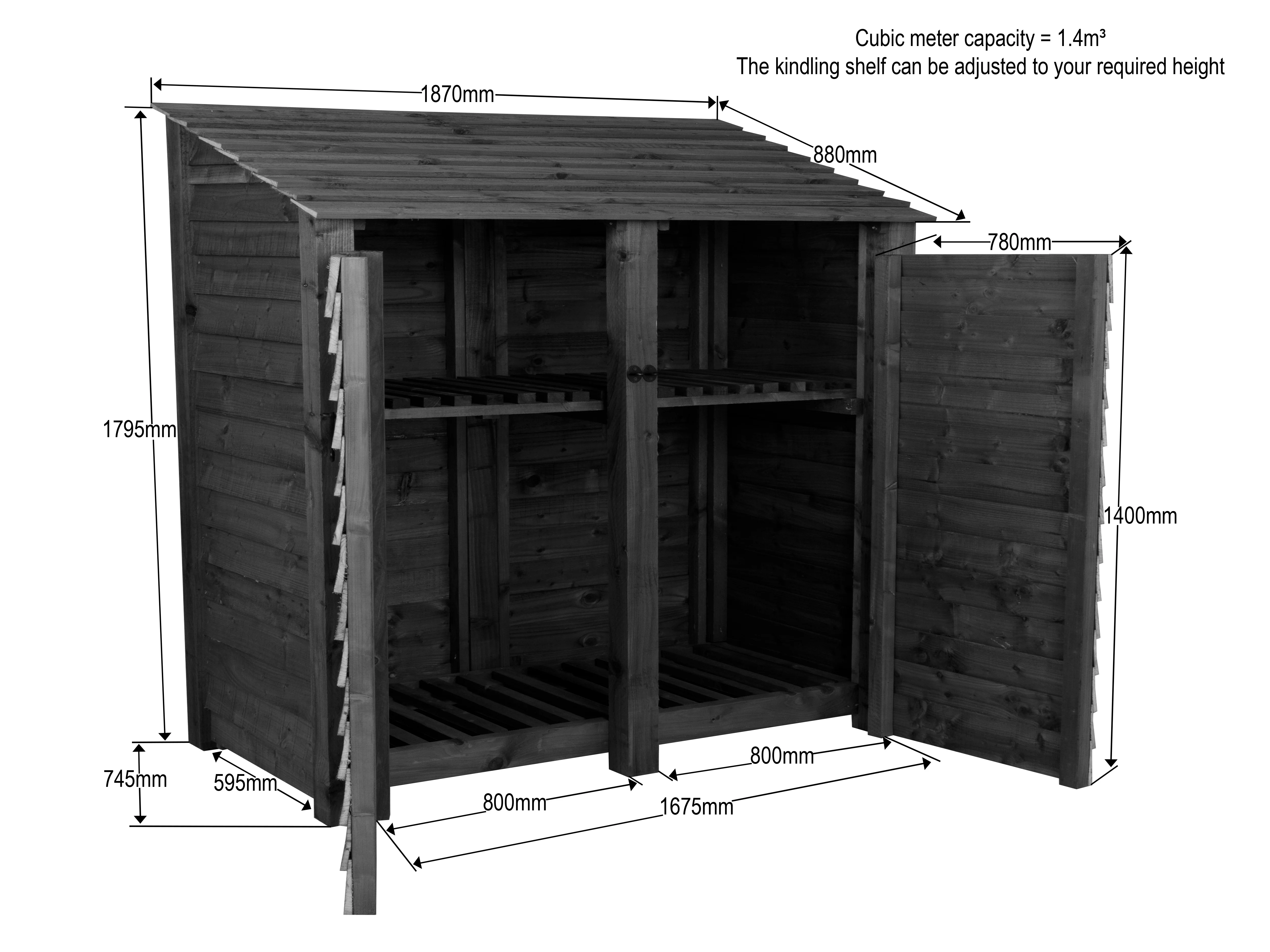 Wooden Log Store with Doors and Shelf W-187cm, H-126cm or 180cm, D-88cm - Image 8