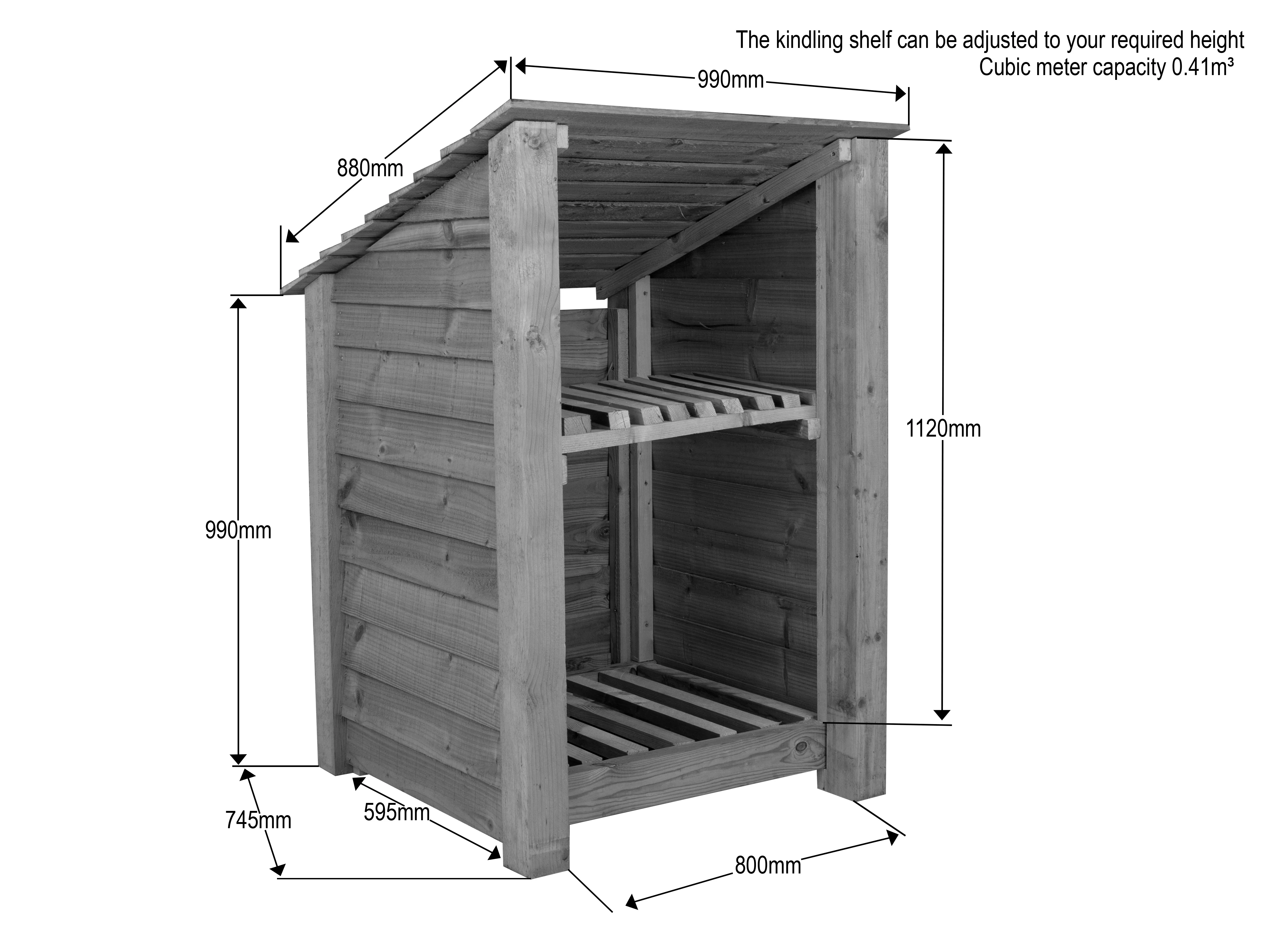 Wooden Log Store with Shelf (Roof Sloping Back) W-99cm, H-126cm Or 180cm, D-88cm - Image 5