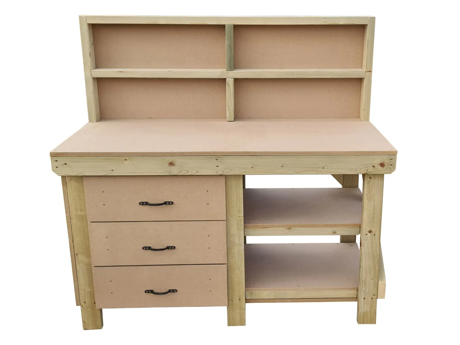 Wooden MDF top tool cabinet workbench with storage shelf (V.7) with back panel and double shelf