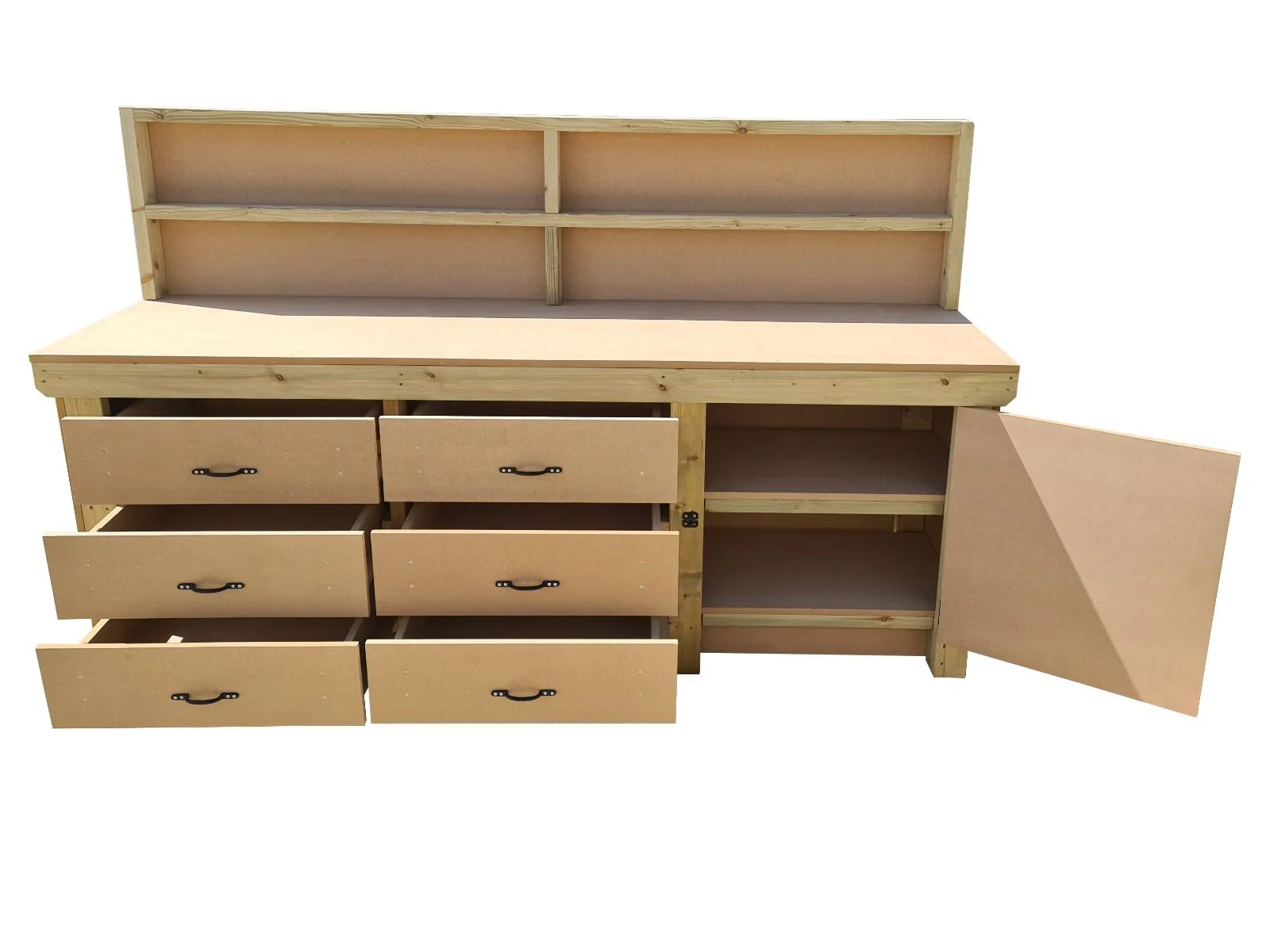 Wooden MDF top workbench, tool cabinet with lockable cupboard (V.3) with back and double shelf