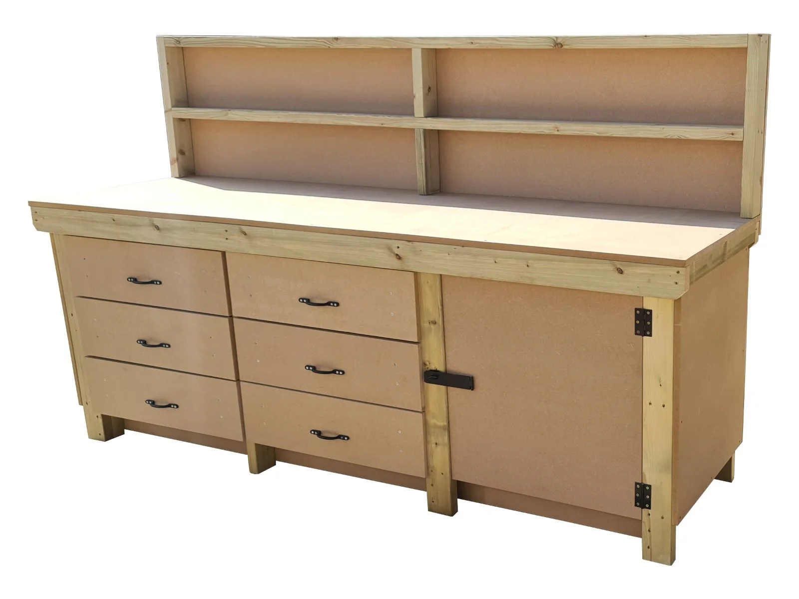 Wooden MDF top workbench, tool cabinet with lockable cupboard (V.3) with back and double shelf - Image 3