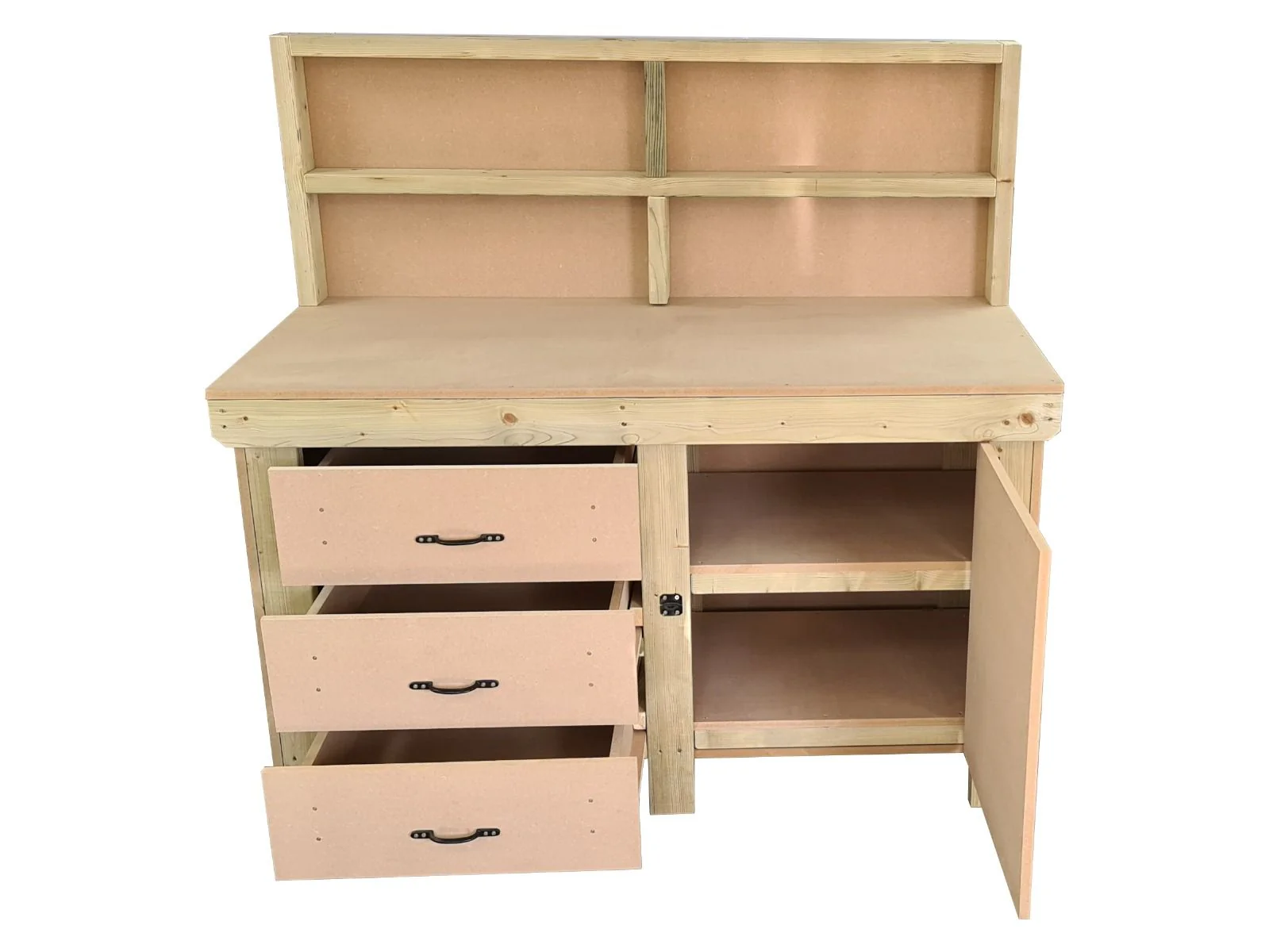 Wooden MDF top workbench, tool cabinet with lockable cupboard (V.3) with back and double shelf - Image 5