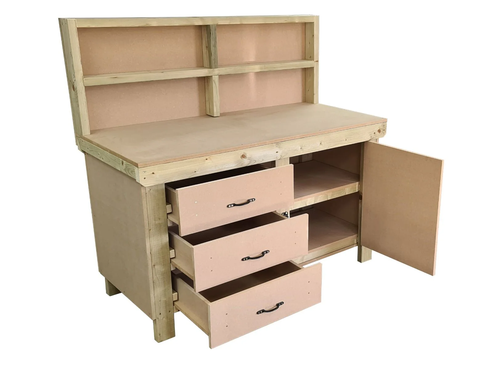 Wooden MDF top workbench, tool cabinet with lockable cupboard (V.3) with back and double shelf - Image 6