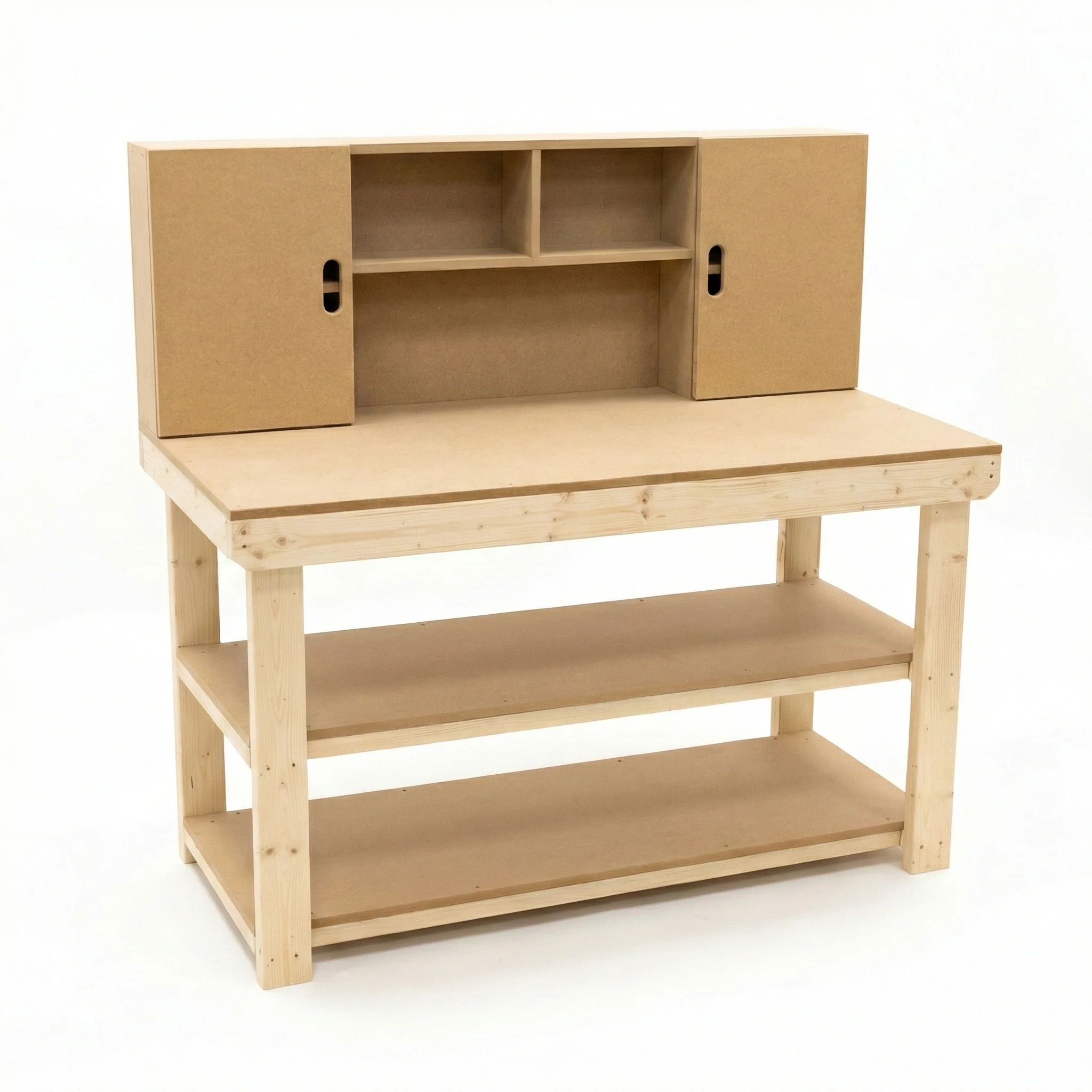 Wooden MDF top workbench with cupboard back panel and double shelf