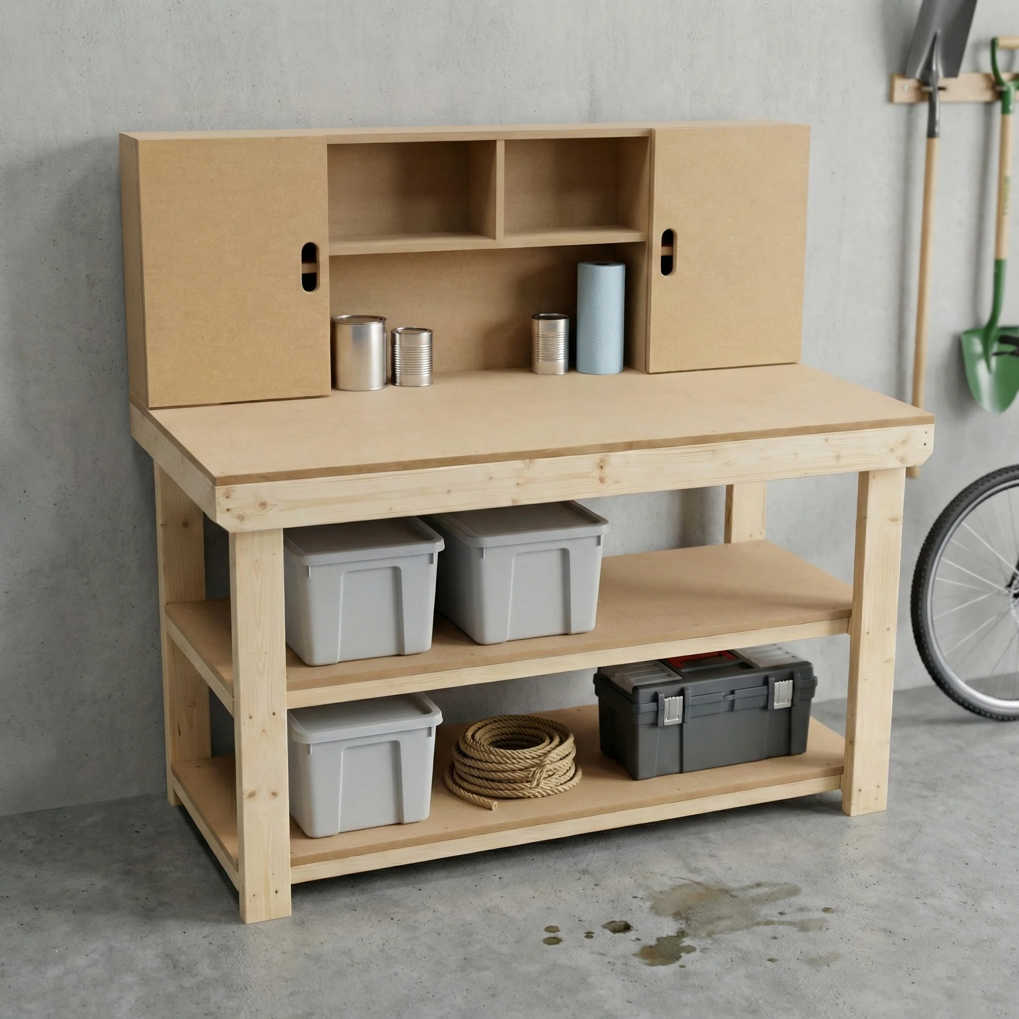 Wooden MDF top workbench with cupboard back panel and double shelf - Image 2