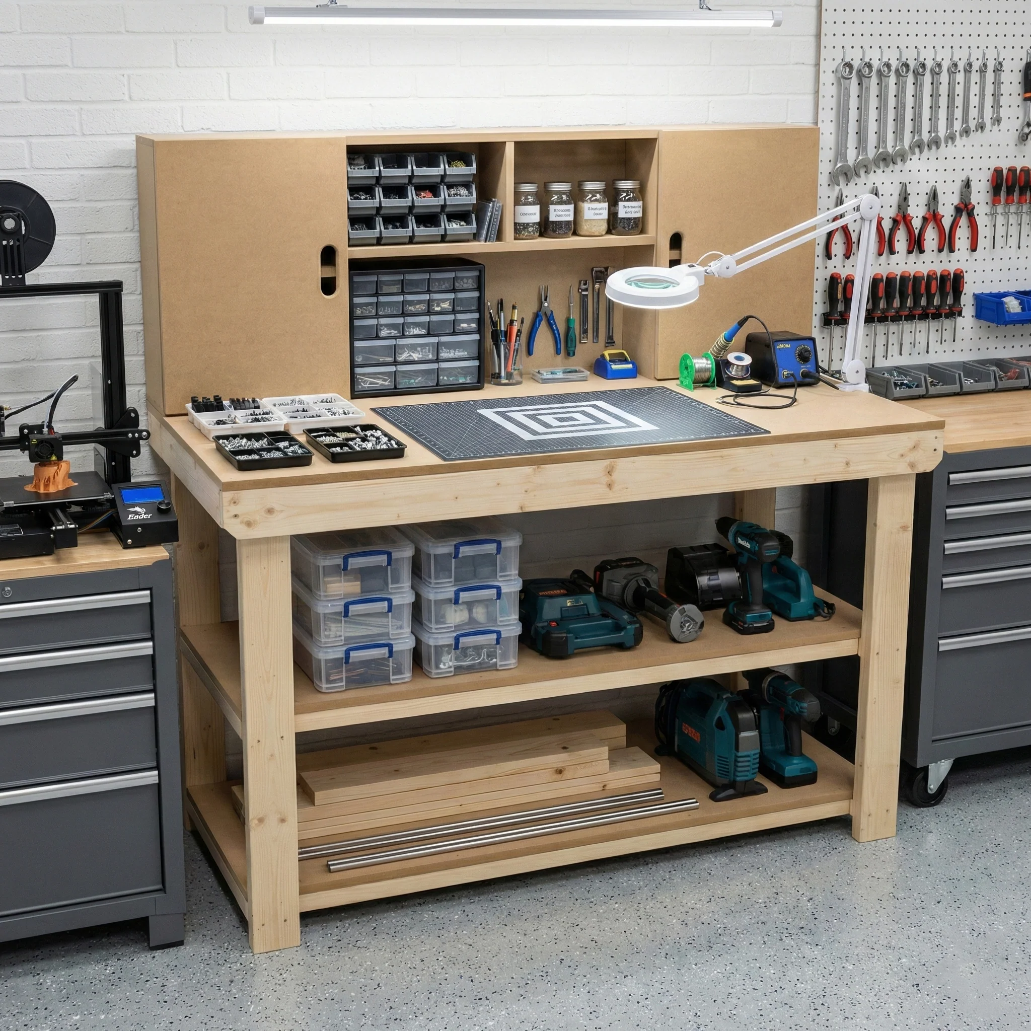 Wooden MDF top workbench with cupboard back panel and double shelf - Image 3