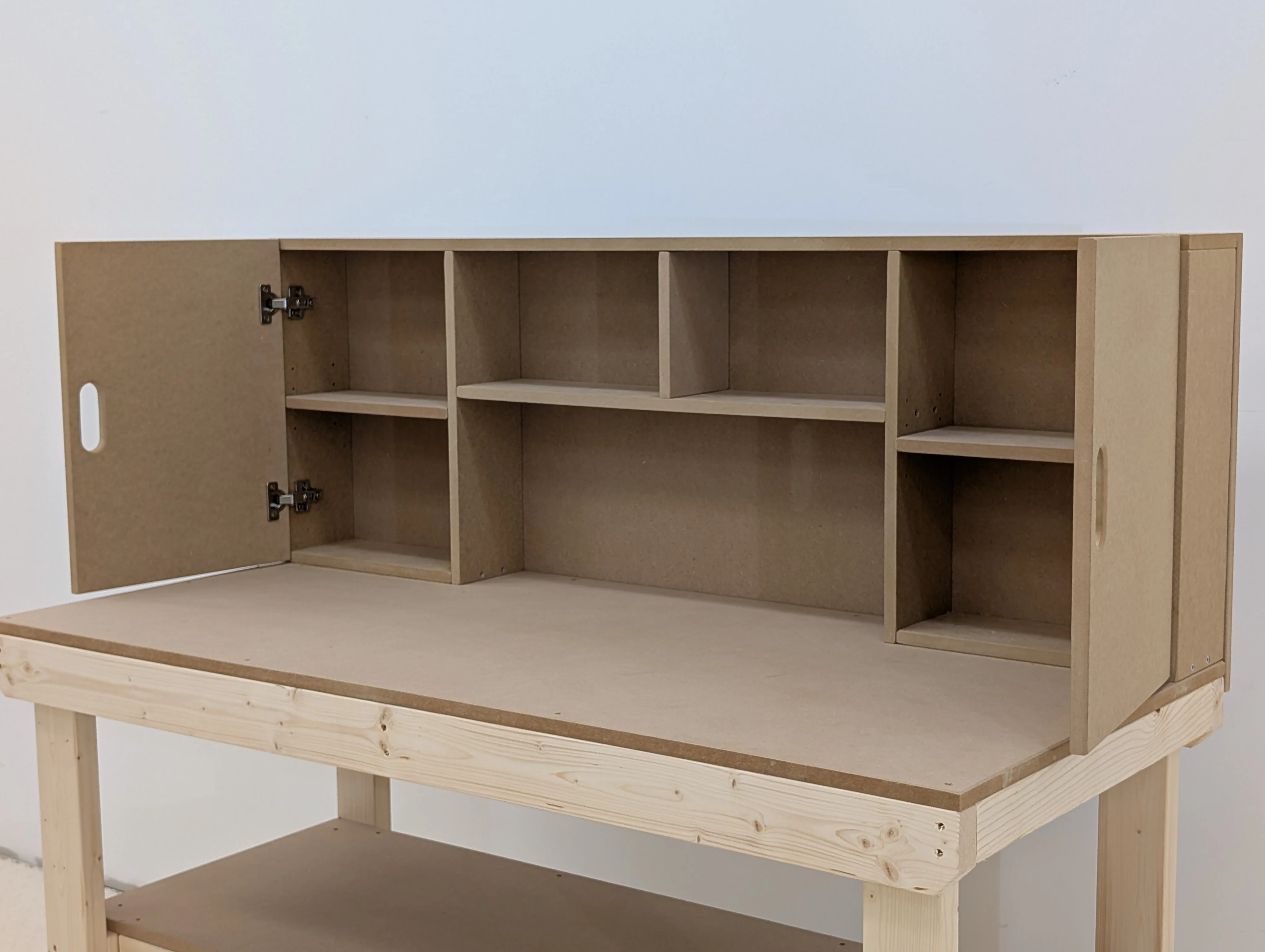 Wooden MDF top workbench with cupboard back panel and double shelf - Image 4