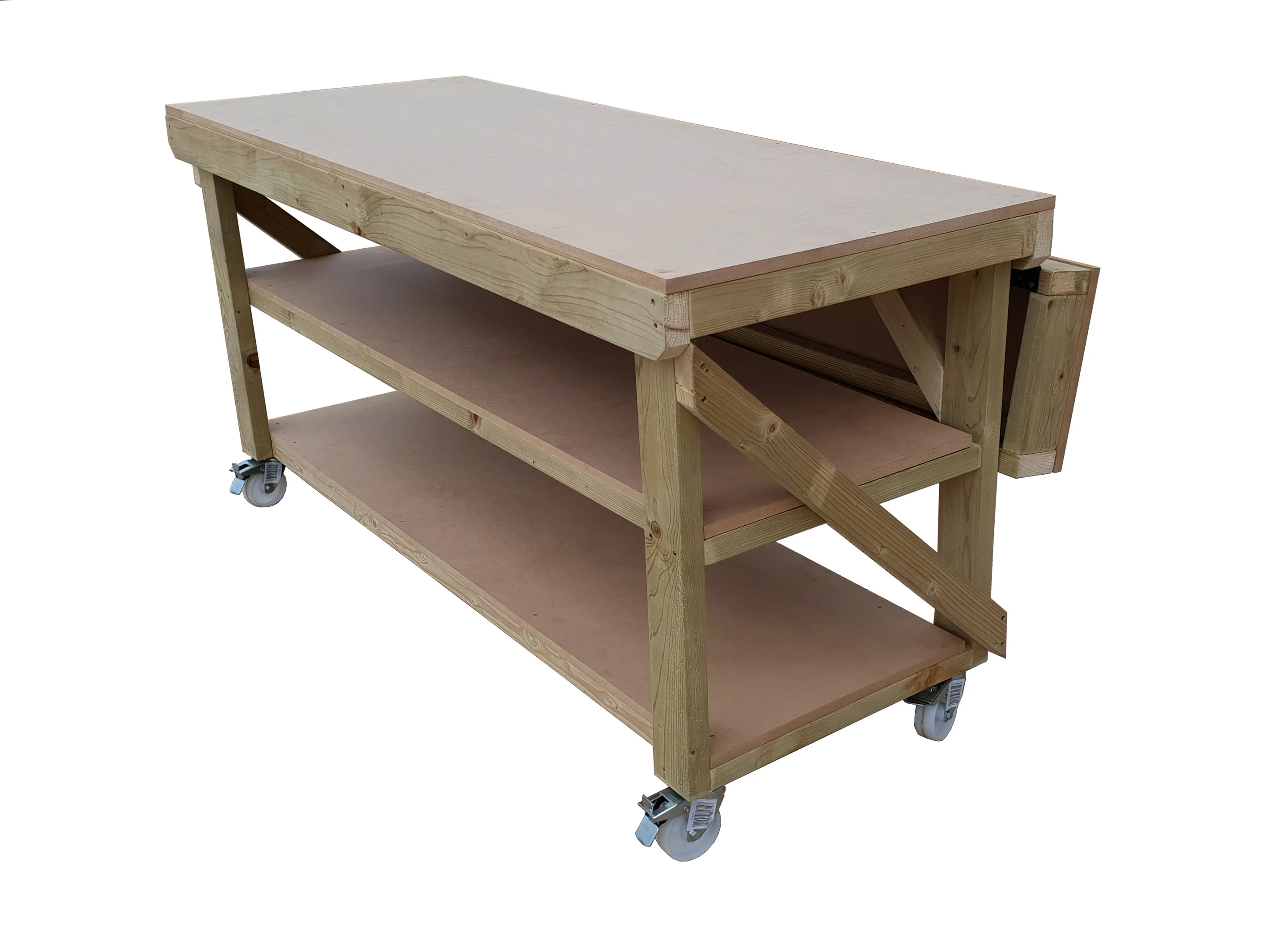 Wooden MDF Top Workbench With Extendable Working Surface with Double Shelf and Wheels - Image 3
