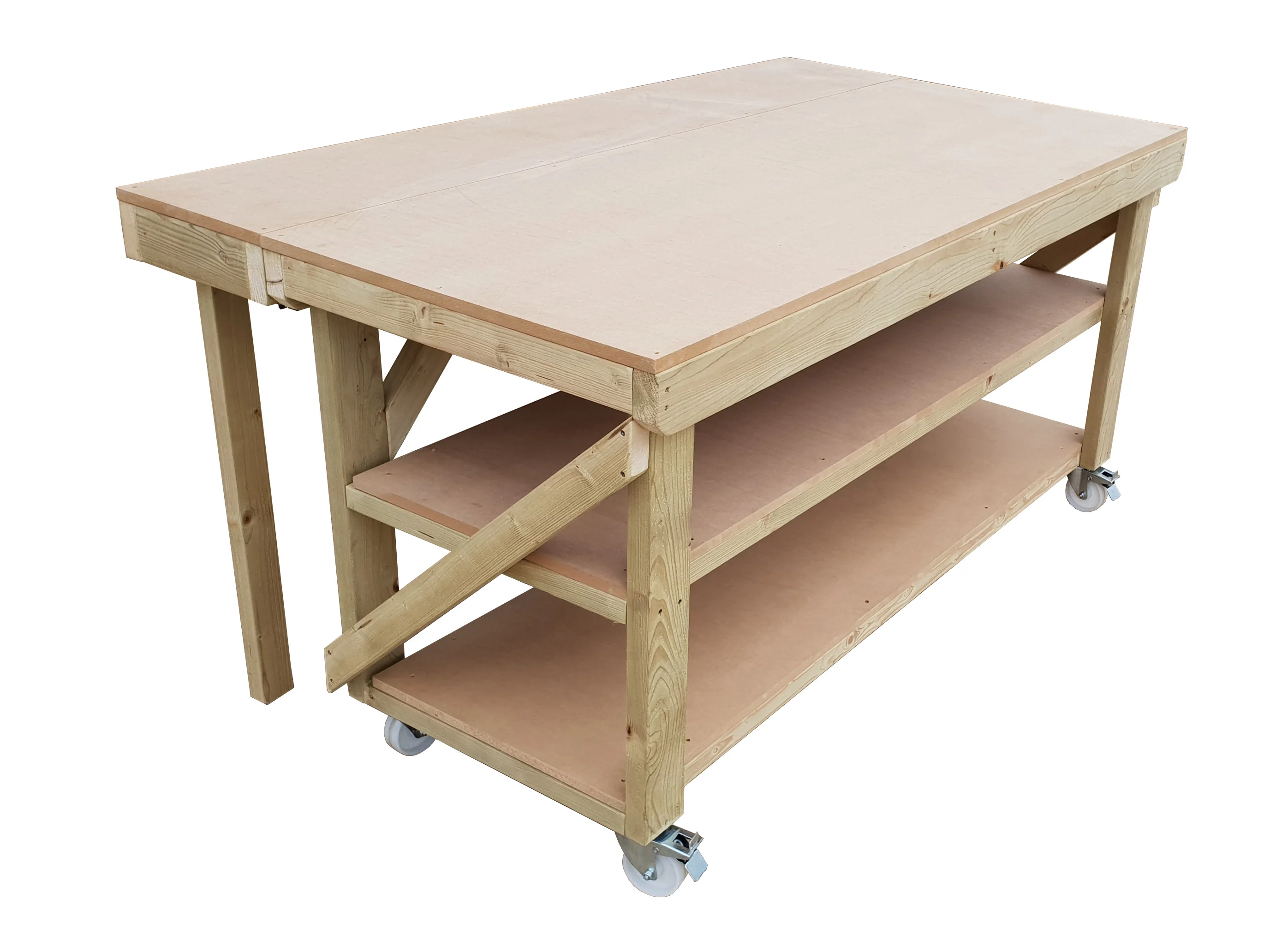 Wooden MDF Top Workbench With Extendable Working Surface with Double Shelf and Wheels - Image 4