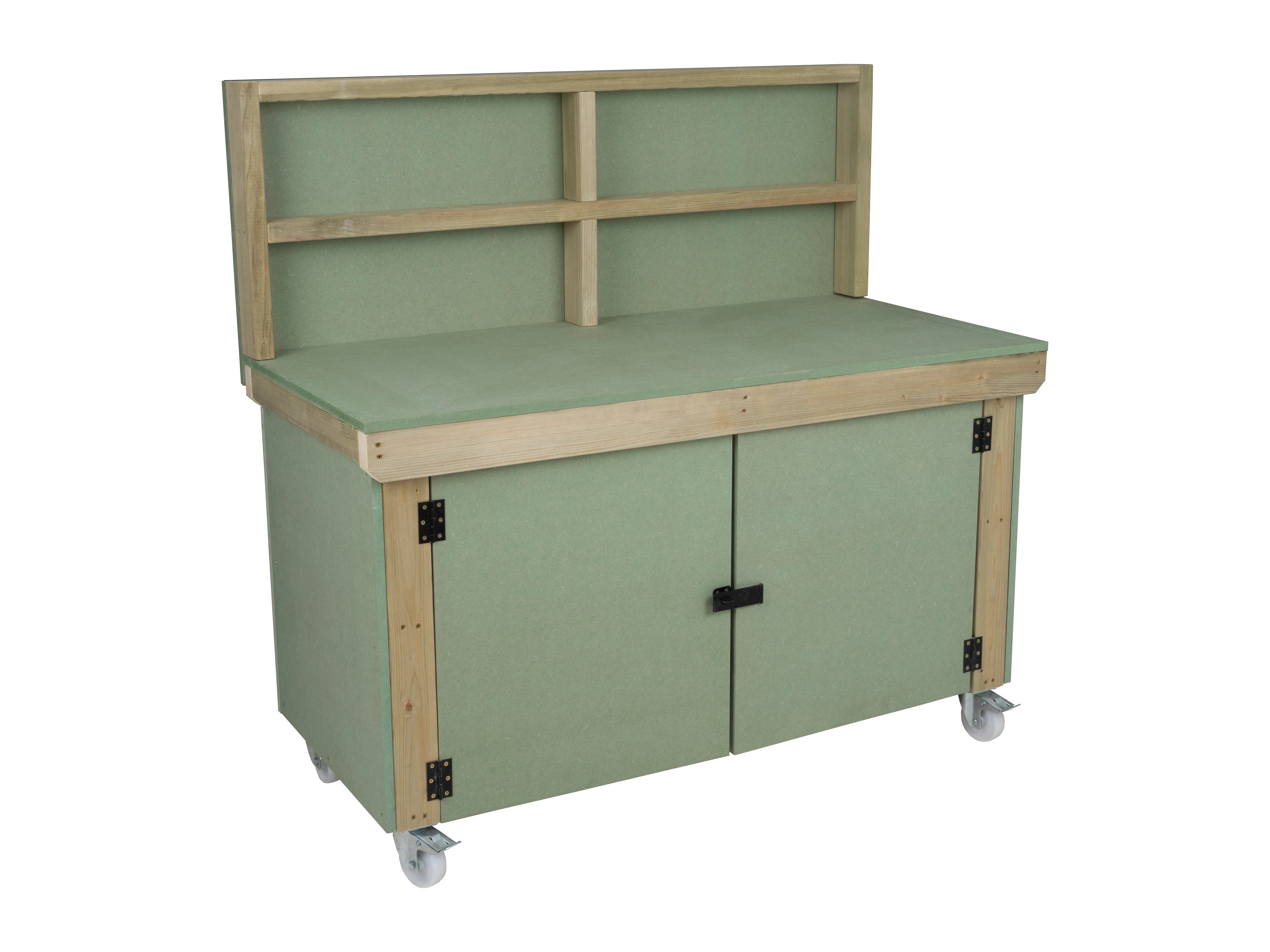 Wooden UniMDF Moisture Resistant Workbench With Lockable Cupboard (V.9) With Back panel, Wheels, Double shelf