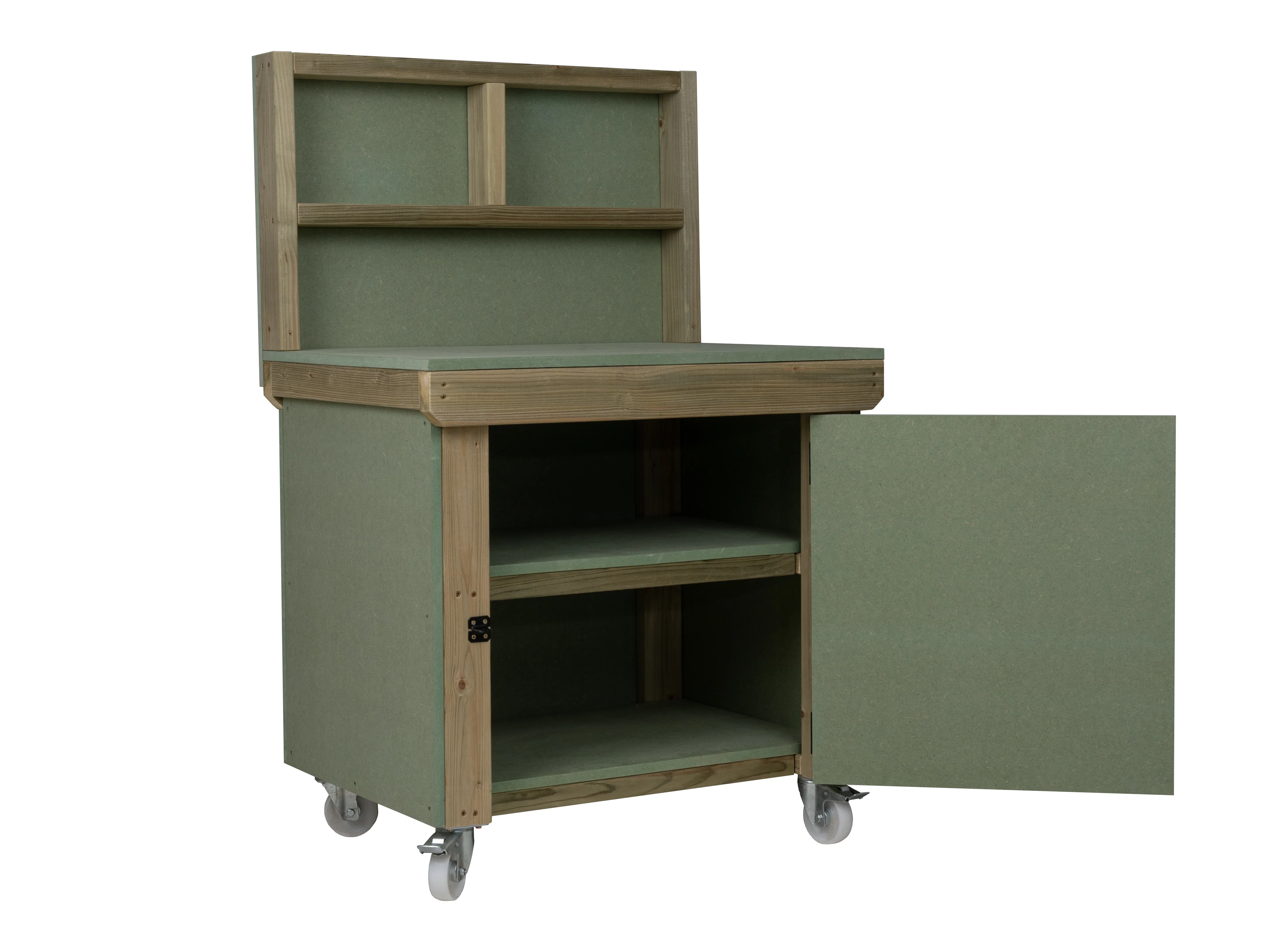 Wooden UniMDF Moisture Resistant Workbench With Lockable Cupboard (V.9) With Back panel, Wheels, Double shelf - Image 10