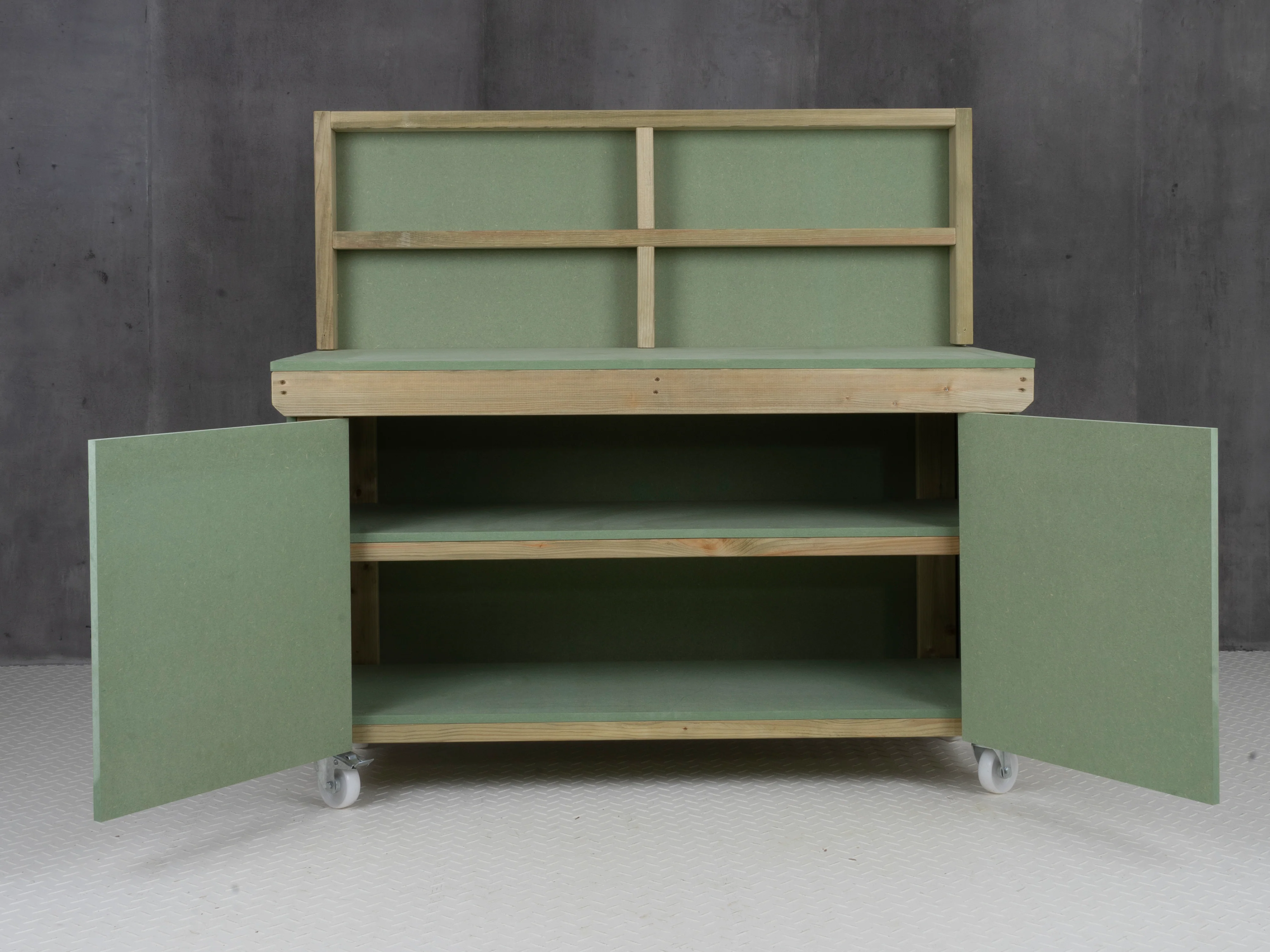 Wooden UniMDF Moisture Resistant Workbench With Lockable Cupboard (V.9) With Back panel, Wheels, Double shelf - Image 3