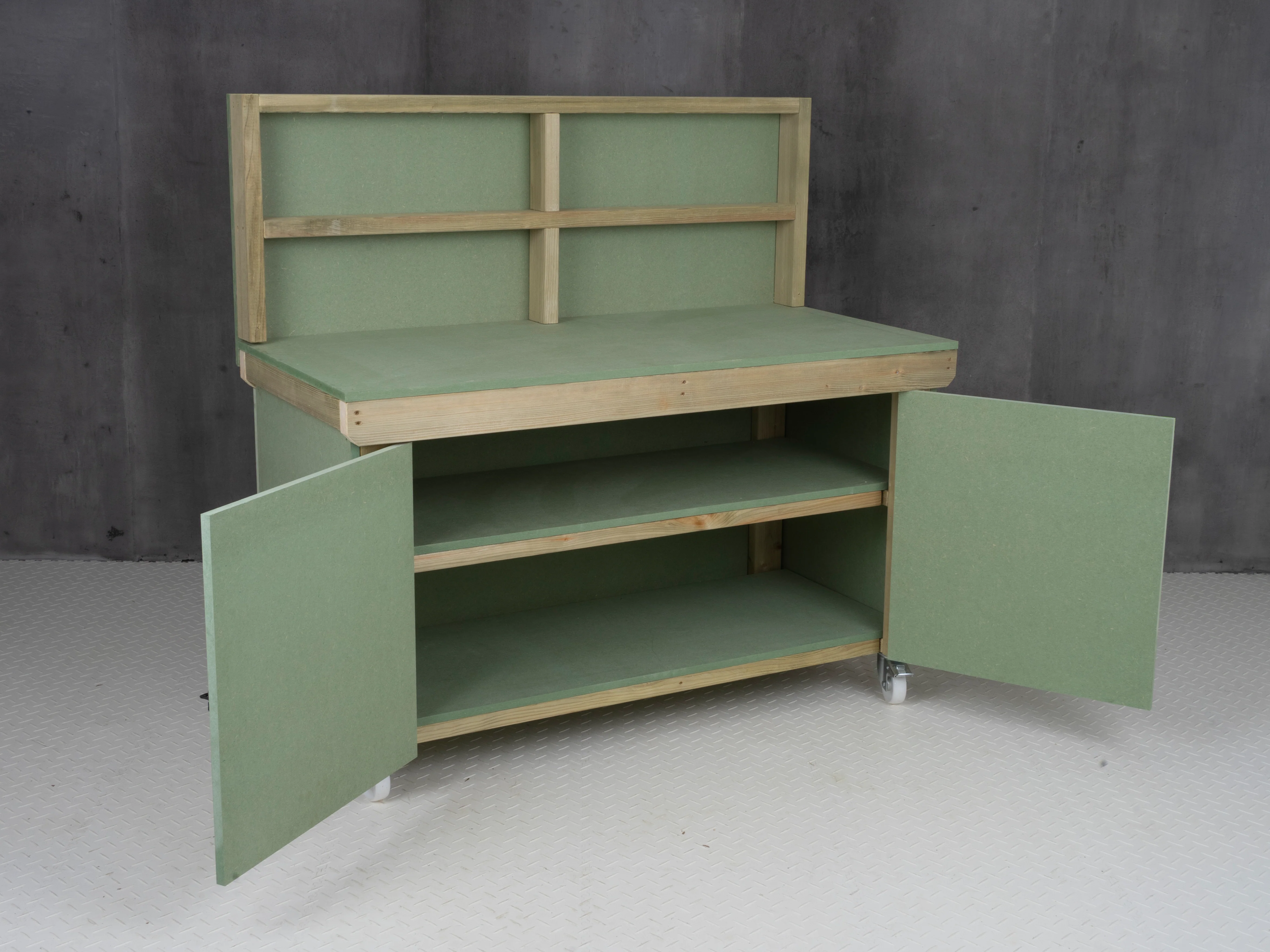 Wooden UniMDF Moisture Resistant Workbench With Lockable Cupboard (V.9) With Back panel, Wheels, Double shelf - Image 4