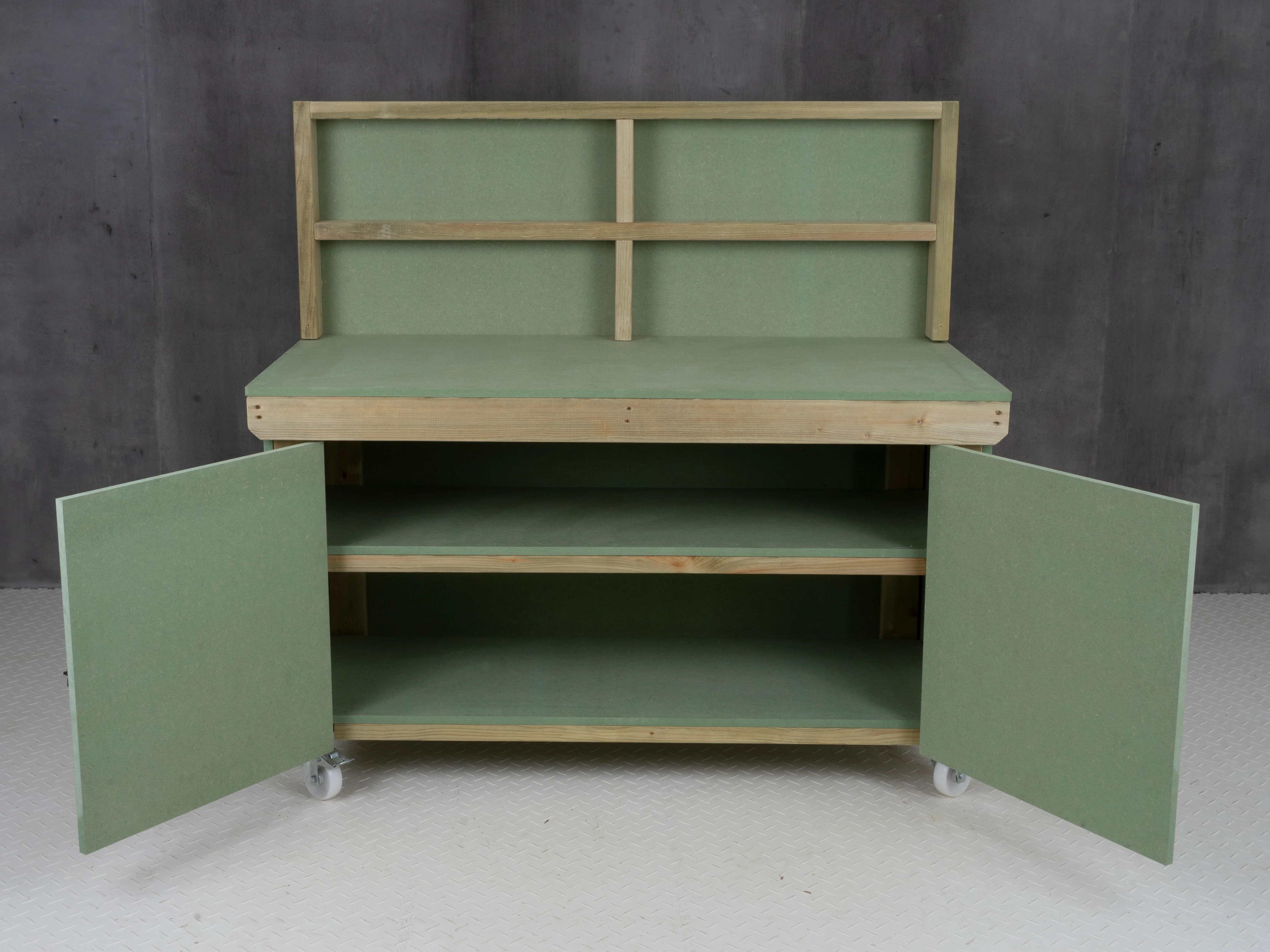 Wooden UniMDF Moisture Resistant Workbench With Lockable Cupboard (V.9) With Back panel, Wheels, Double shelf - Image 5