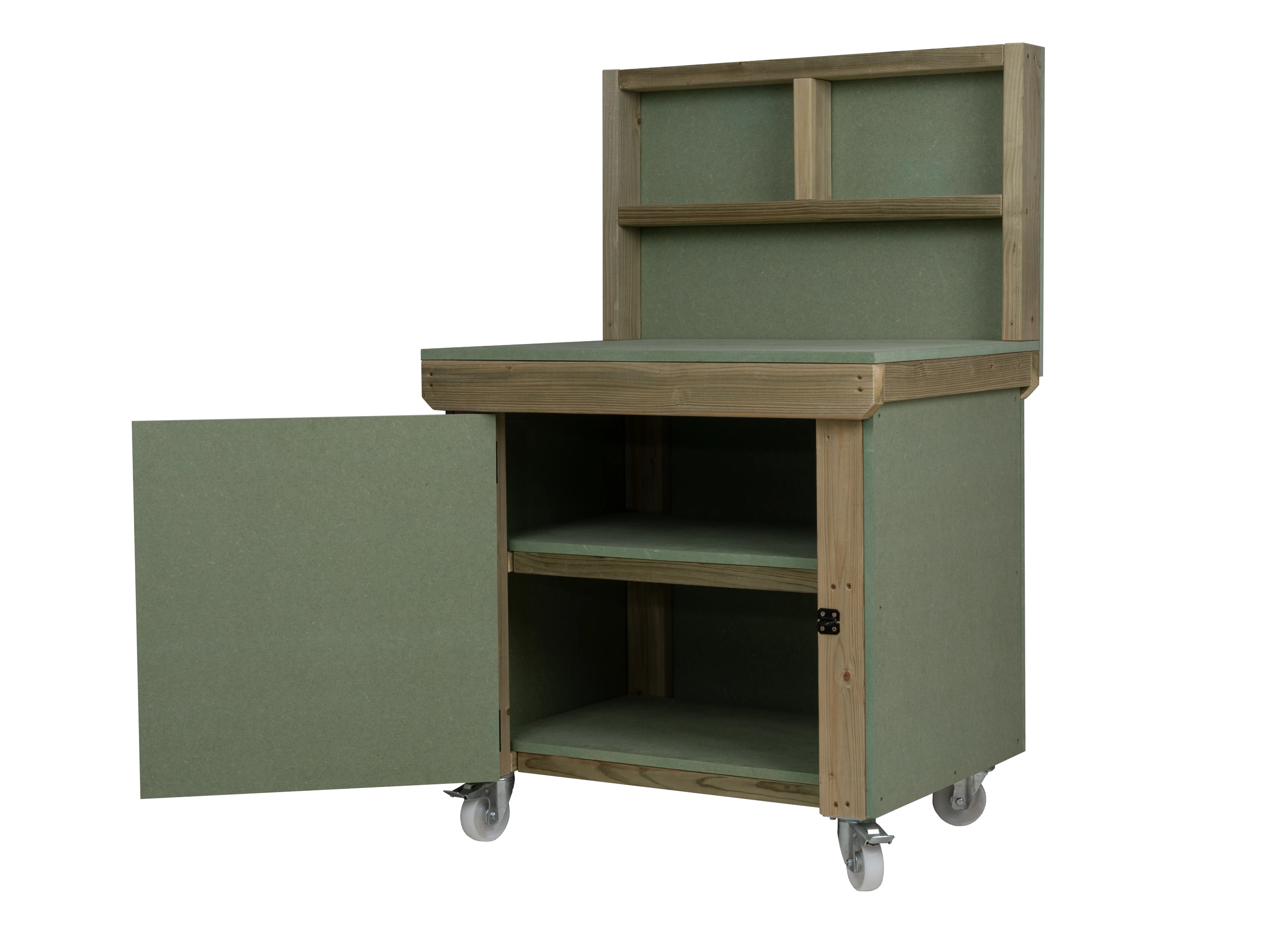Wooden UniMDF Moisture Resistant Workbench With Lockable Cupboard (V.9) With Back panel, Wheels, Double shelf - Image 9