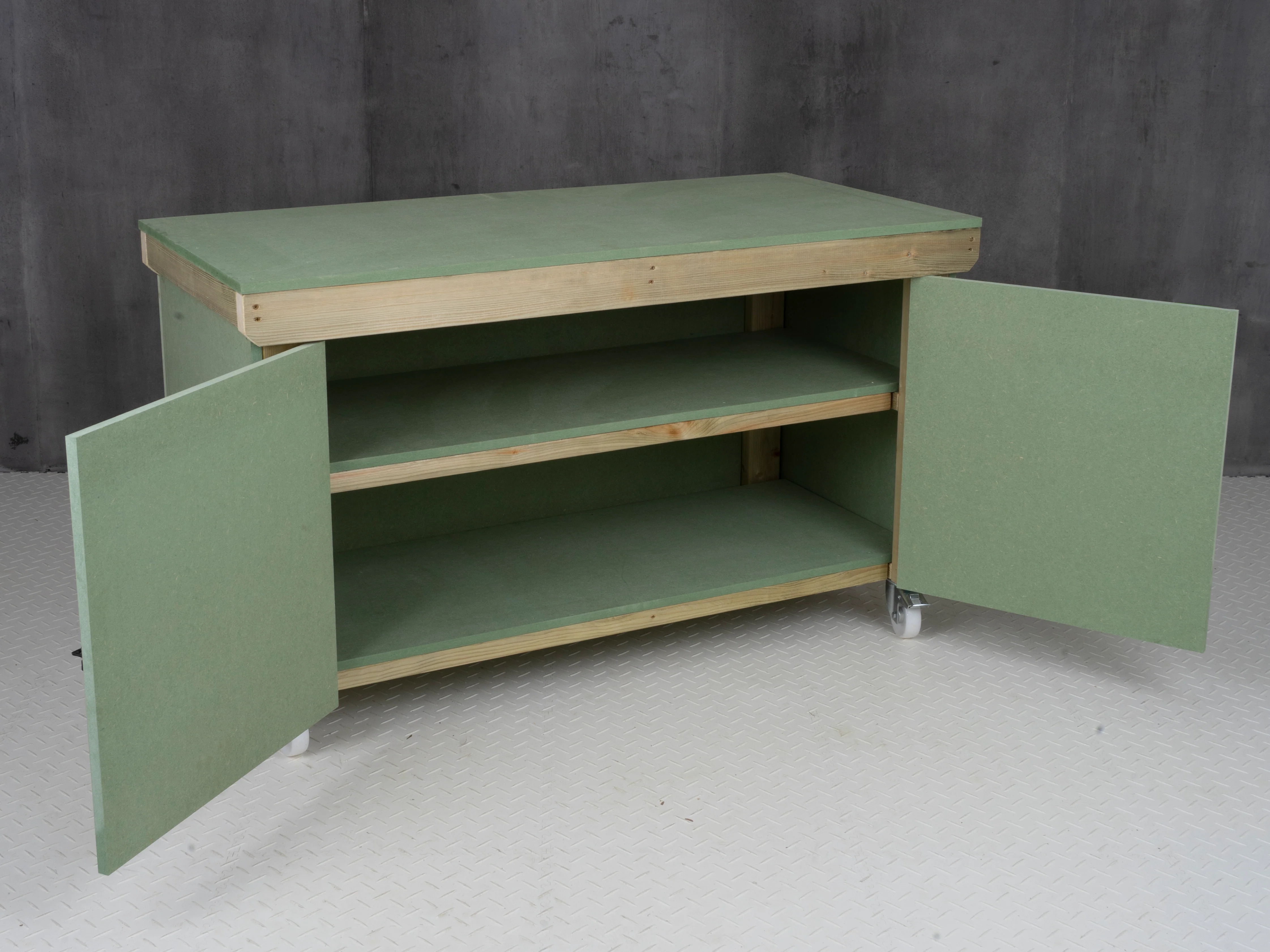 Wooden UniMDF Moisture Resistant Workbench With Lockable Cupboard (V.9) With Wheels, Double Shelf - Image 3